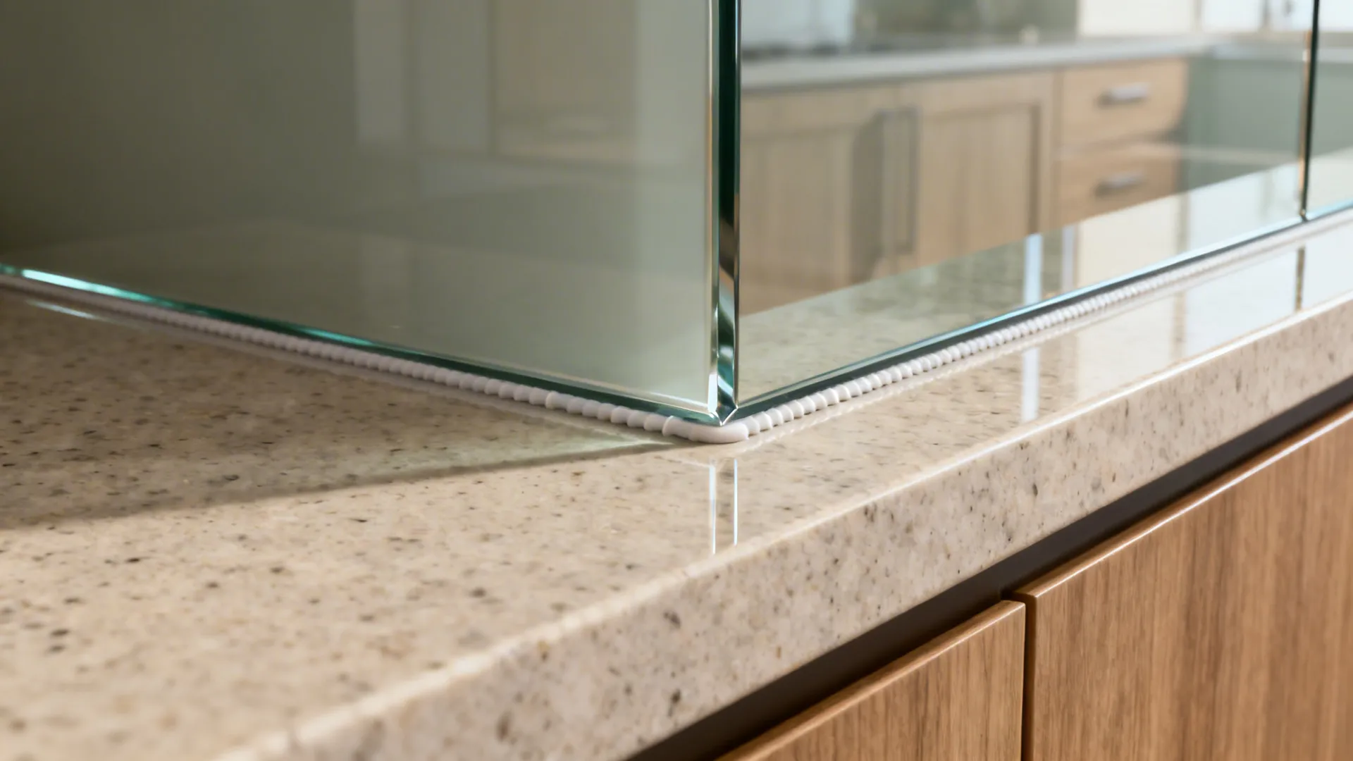 Close-up of tempered glass backsplash edge meeting quartz counter with clean sealant line.