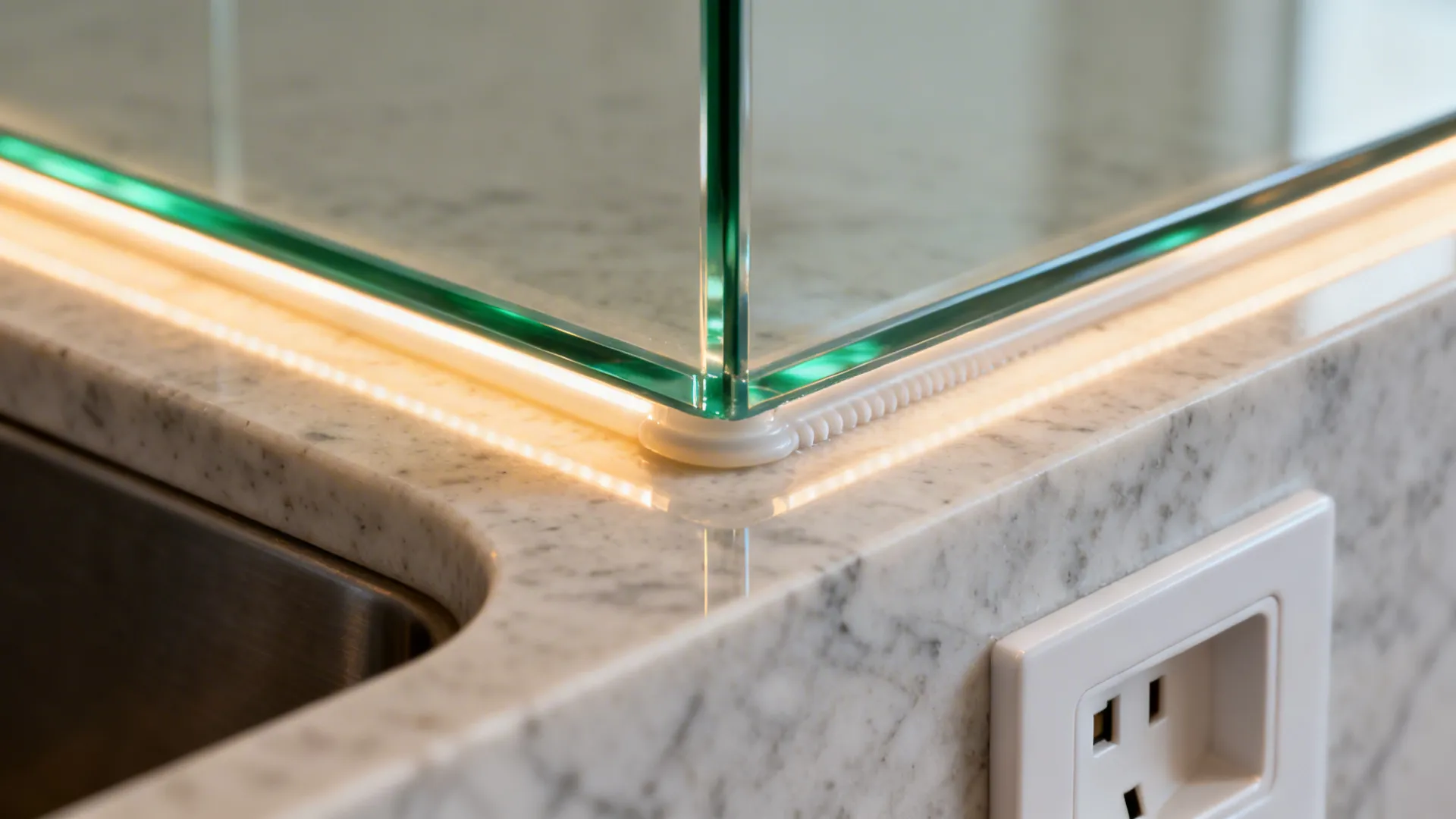 Macro of a low-iron glass backsplash with a polished edge and precise outlet cutout above a quartz counter.