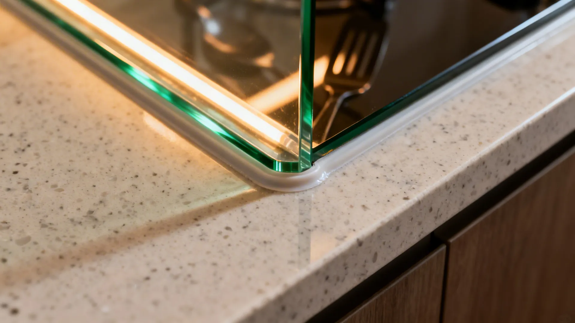 Macro of low-iron glass backsplash edge with polished finish and warm LED reflection