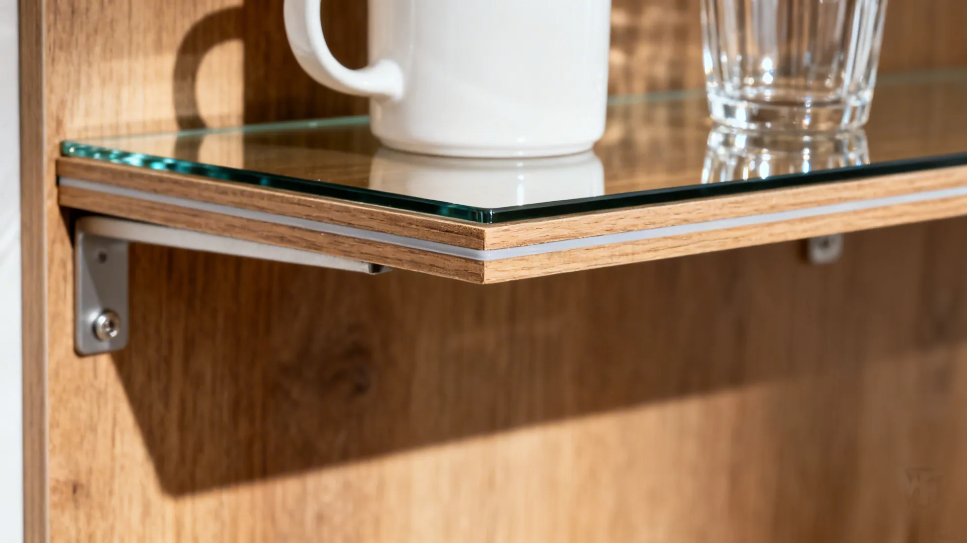 Close up of a glass shelf with wooden edge holding a white mug and water glass
