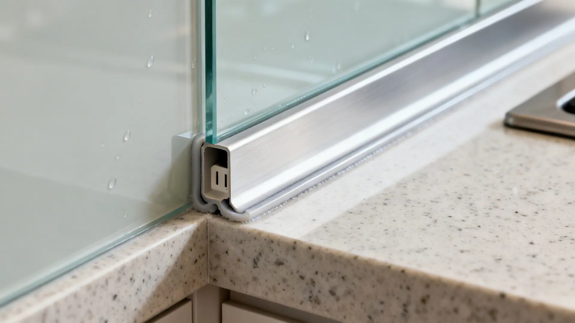 Close-up of a glass backsplash with aluminum channel, silicone bedding, and precise socket cutout.