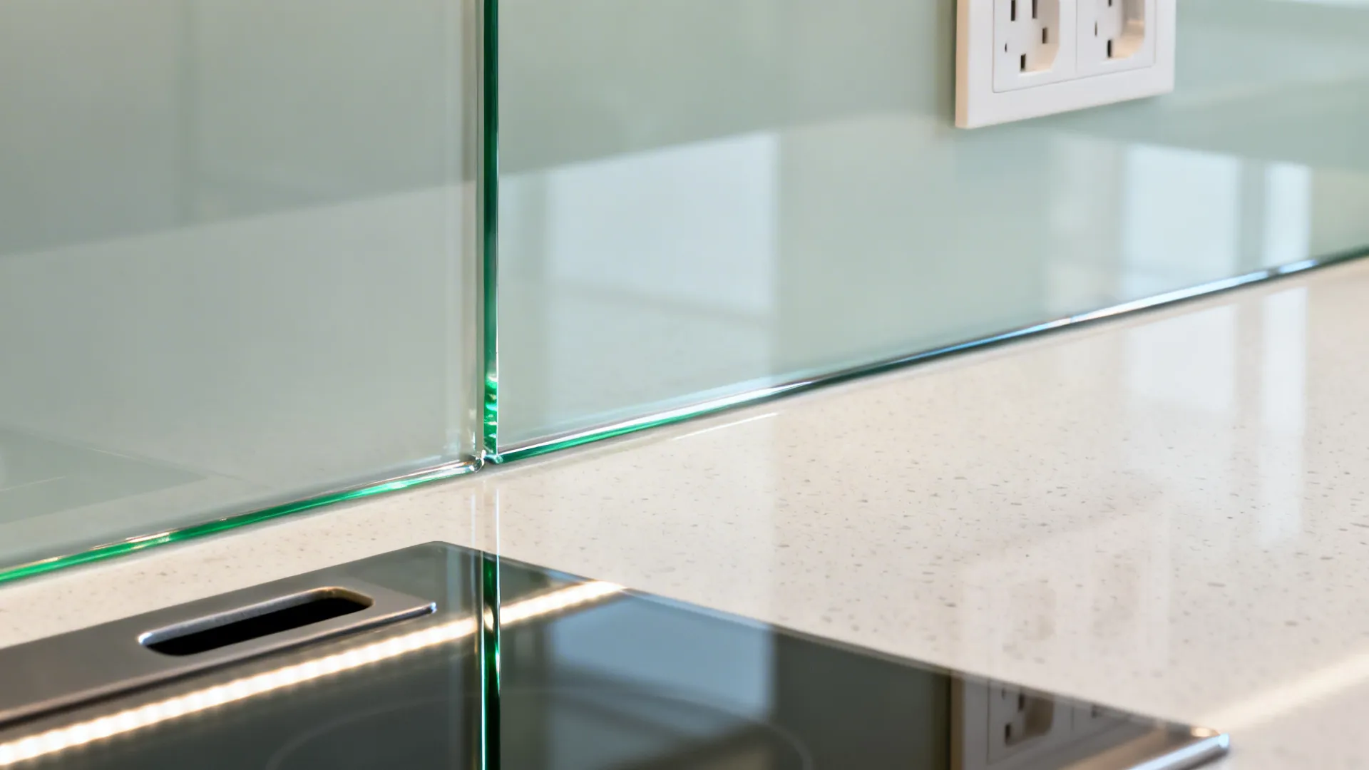 Macro of a low-iron tempered glass backsplash edge meeting a light quartz countertop.