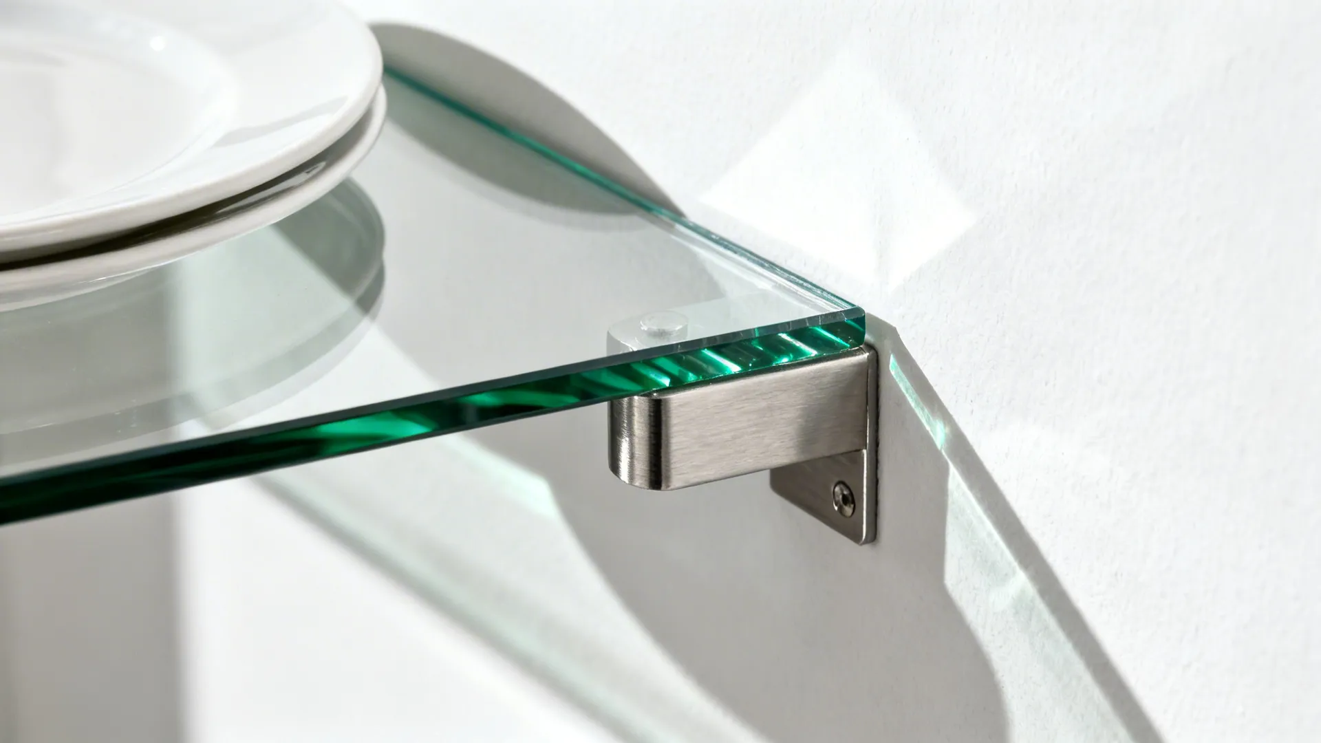 Close up of a glass shelf edge with metal bracket and white plates on the top