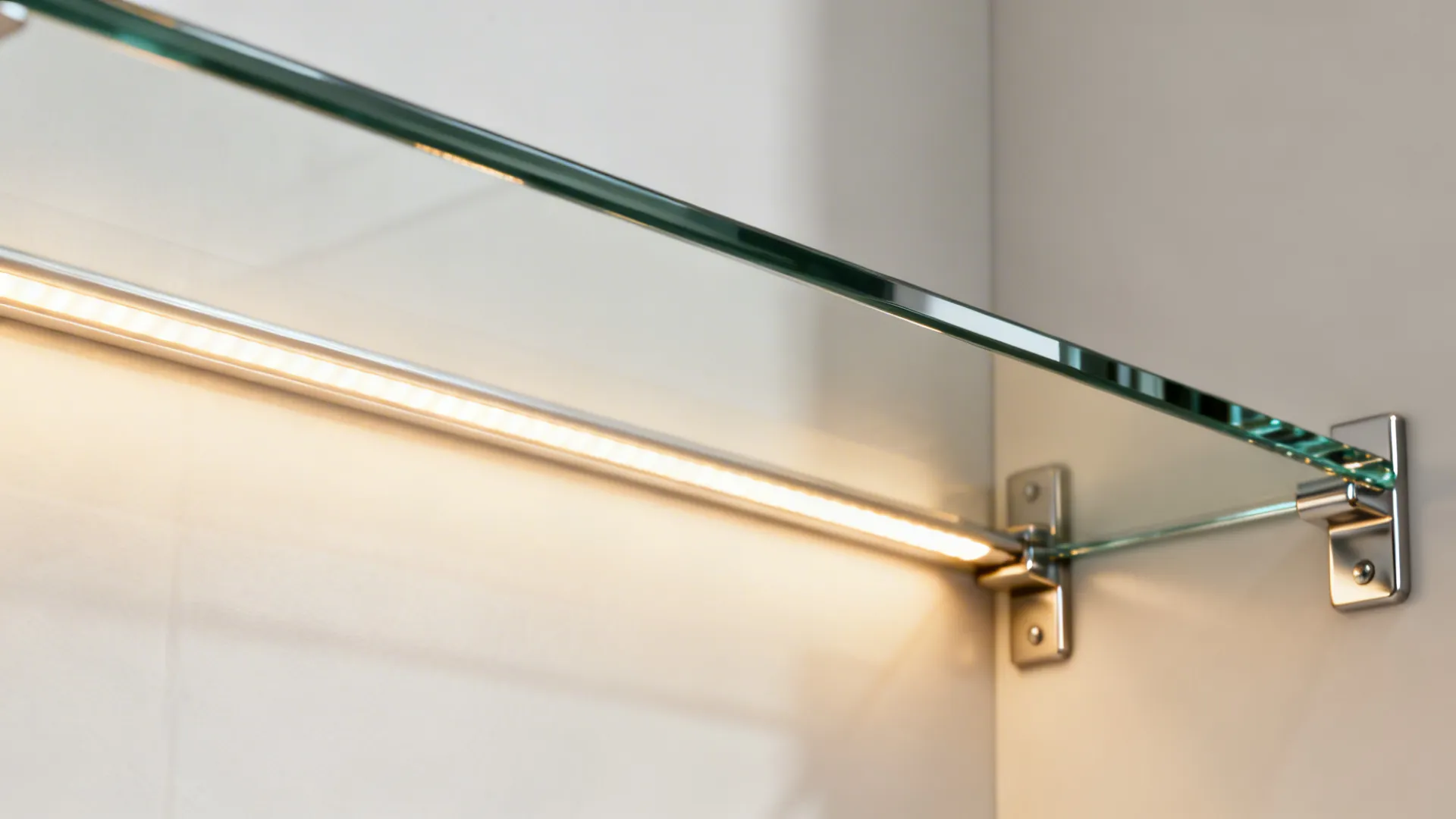 Close-up of polished tempered glass shelf edge and brushed nickel bracket.