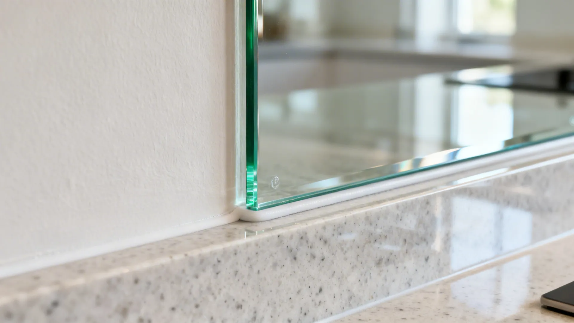 Close-up of low-iron glass backsplash edge with clear perimeter seal and honed counter.