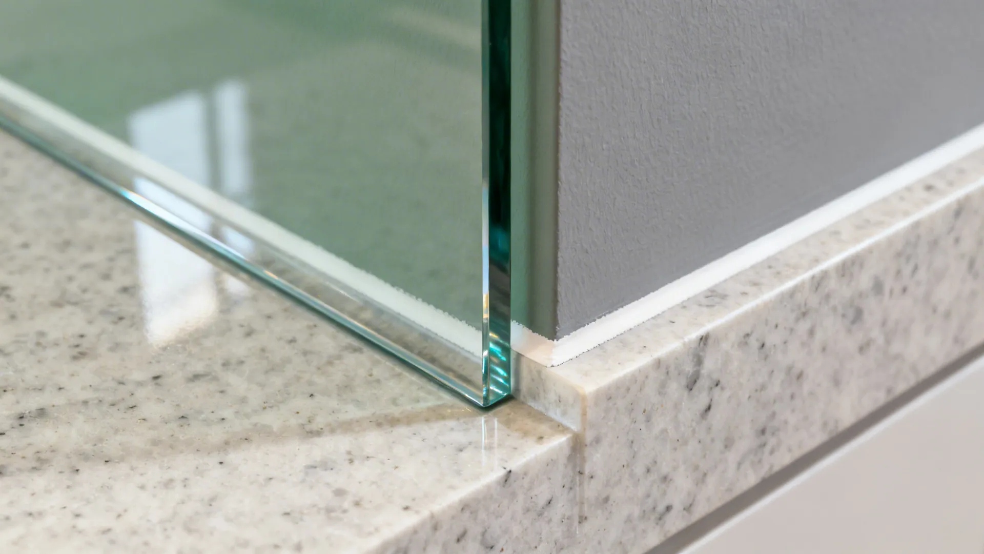 Close up of a clear glass panel installed against grey wall on speckled stone kitchen countertop