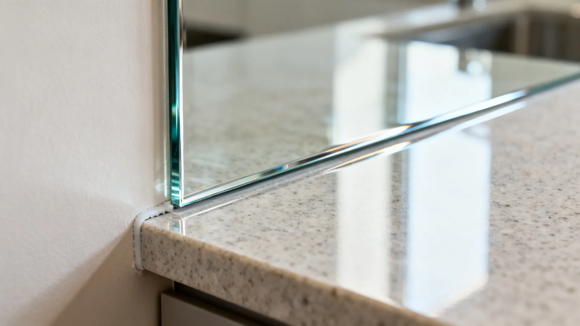 Macro of a polished glass backsplash edge meeting a stone countertop with a neat silicone line.