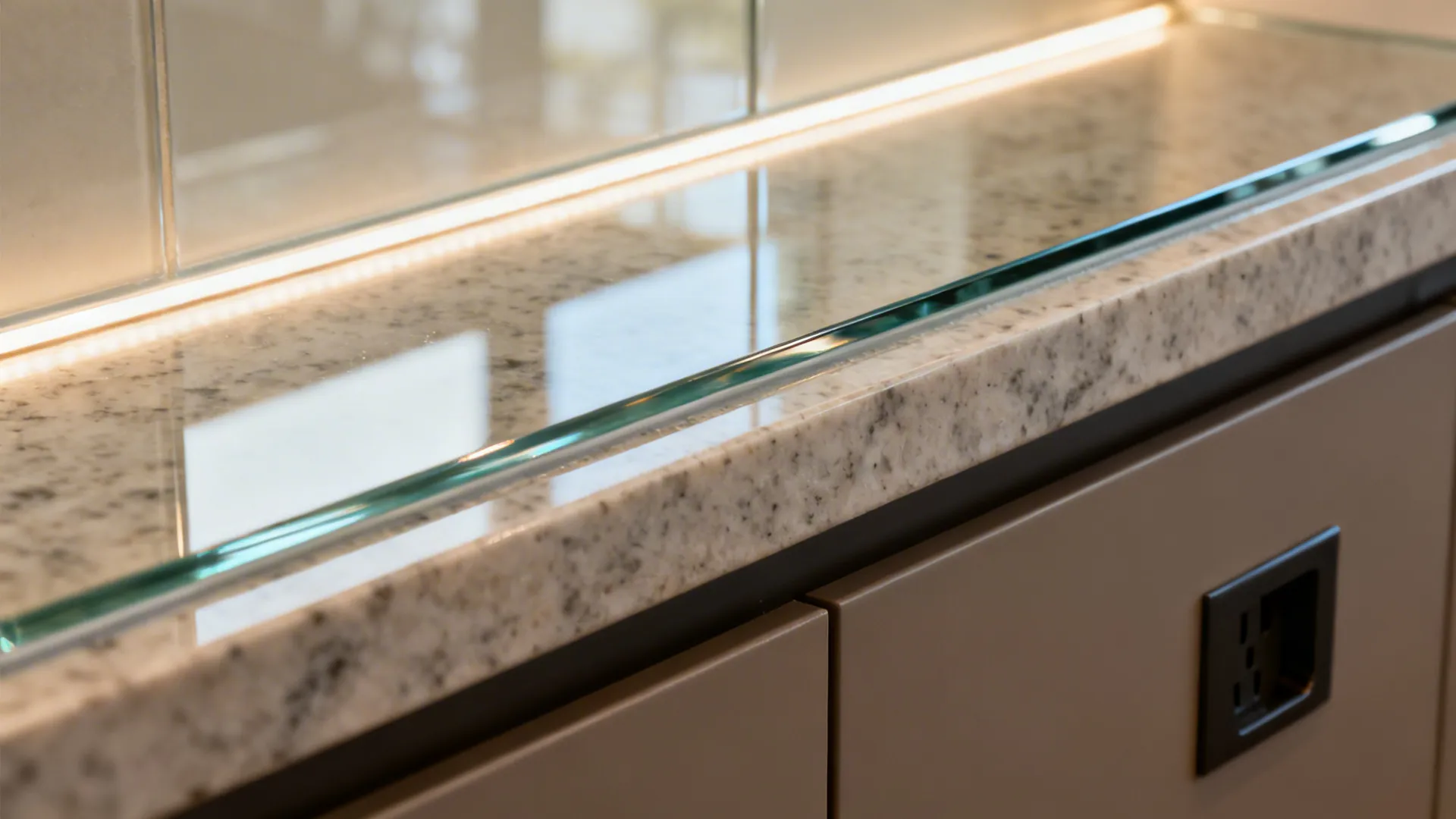 Macro of polished low-iron glass backsplash edge and precise outlet cutout.
