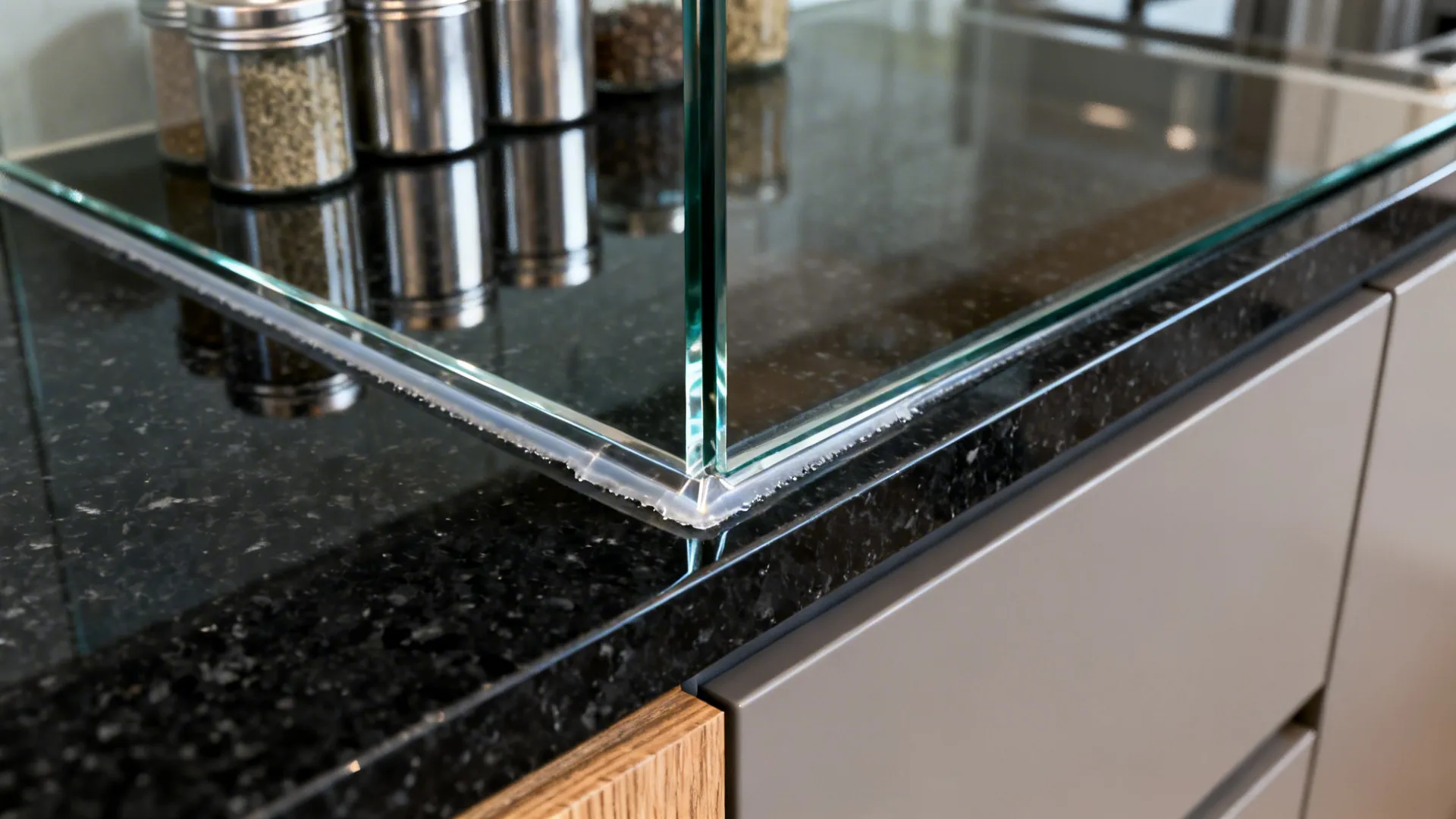 Macro view of a tempered glass backsplash edge with clean silicone over black granite.
