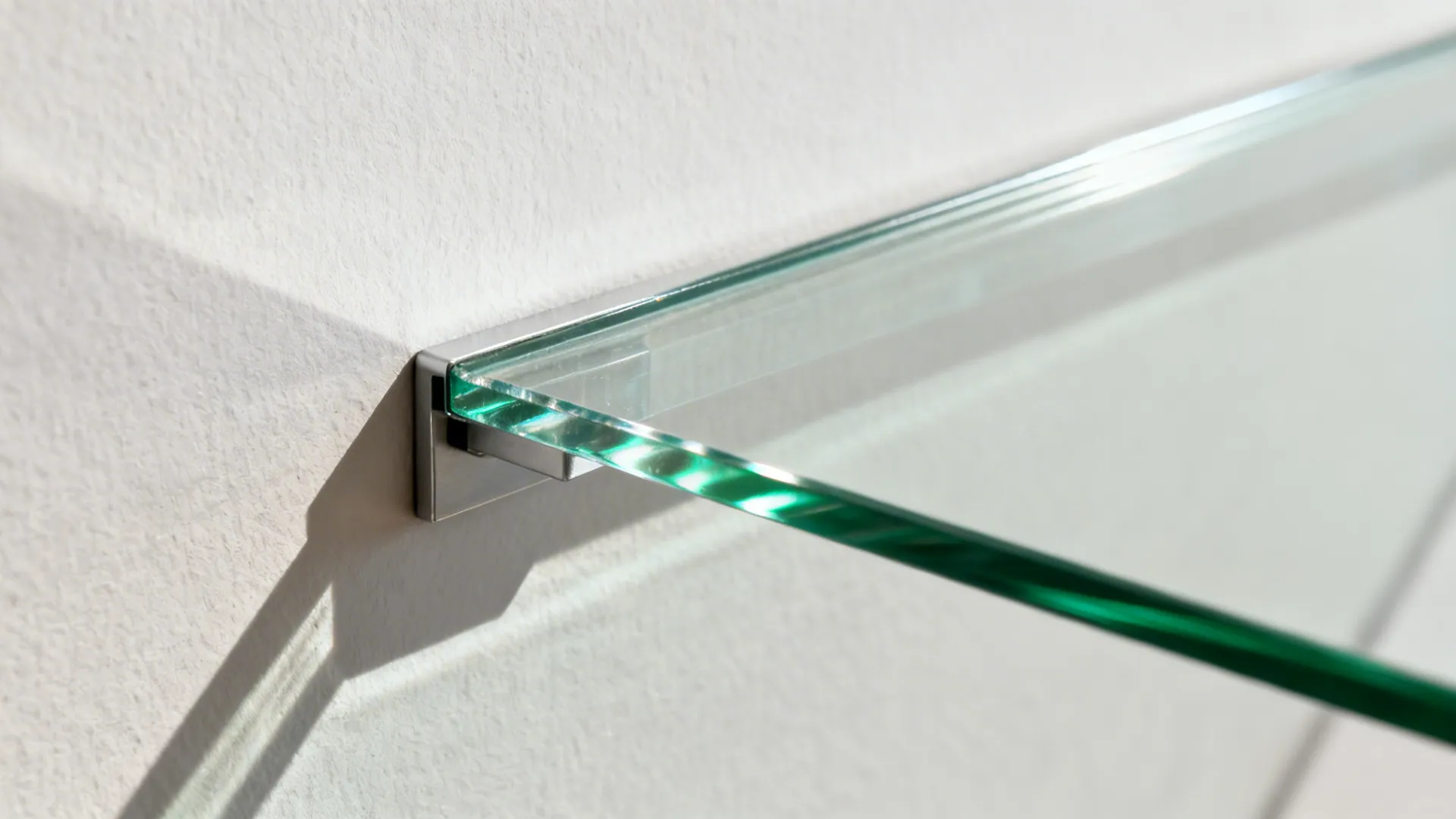 Macro of a low-iron glass ledge edge with invisible bracket detail.