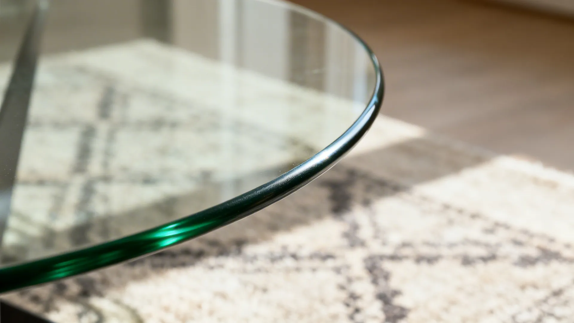 Macro detail of a round tempered glass table with polished rounded edge.