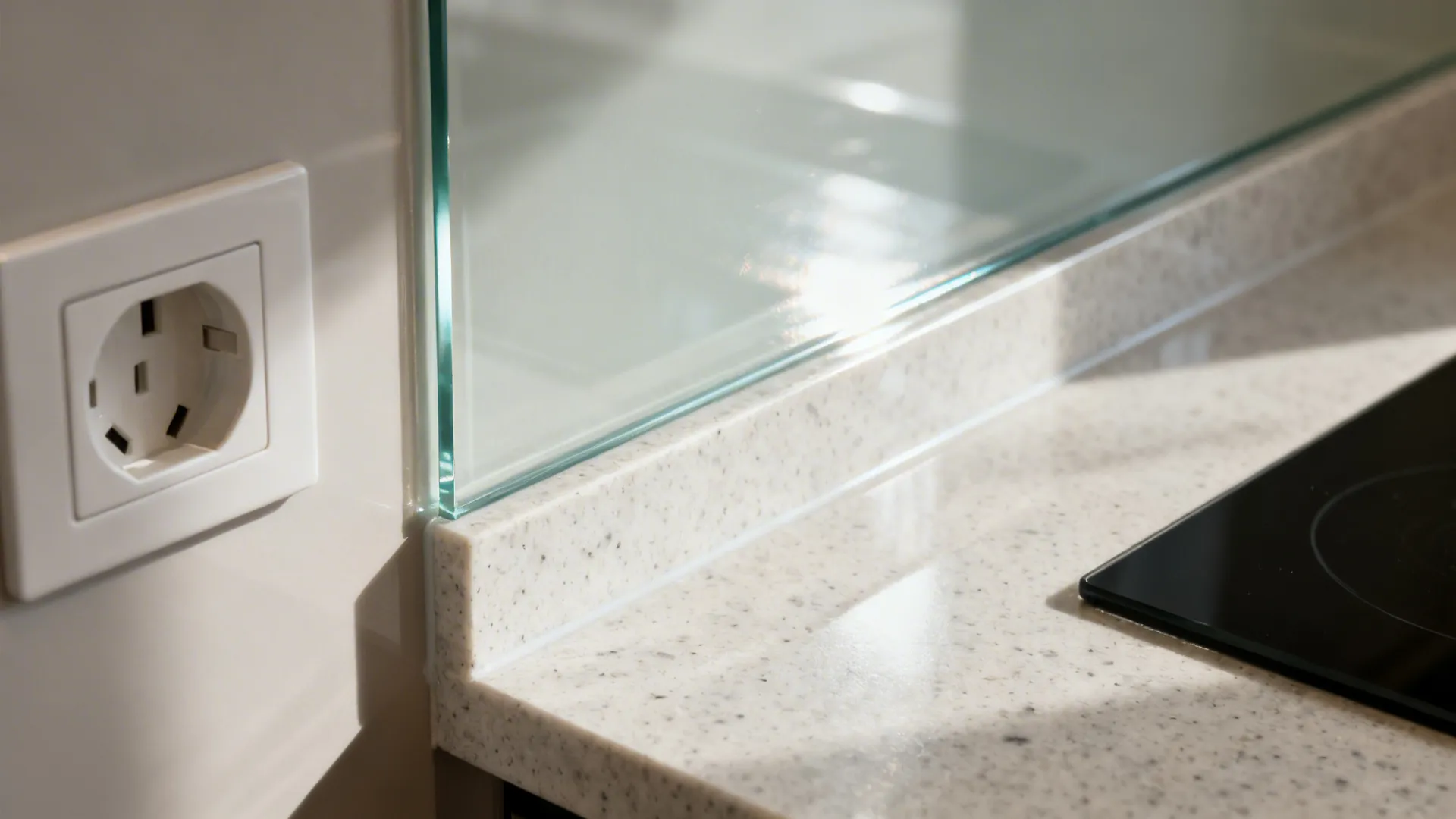 Close-up of a low-iron glass backsplash edge meeting a light countertop.