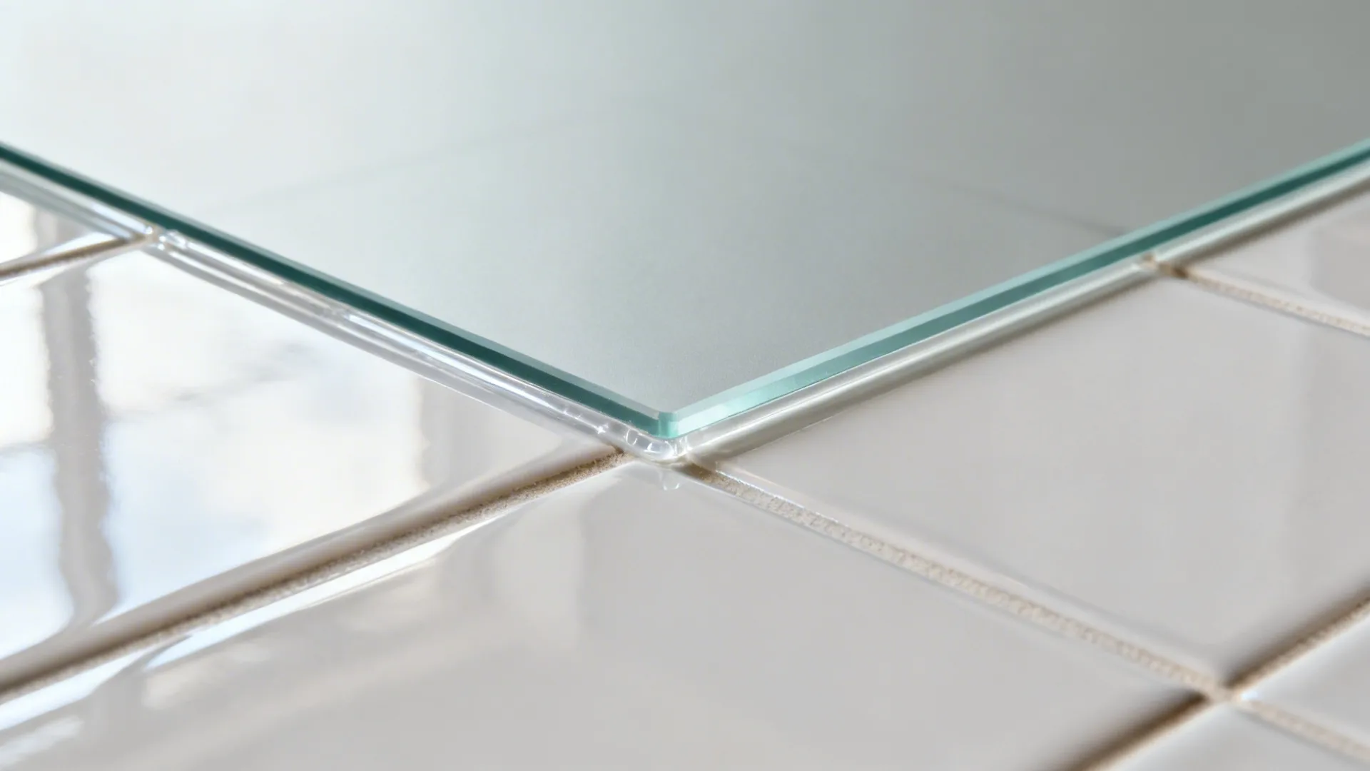Macro of pale grey glass backsplash edge neatly sealed to adjacent glossy ceramic tile.