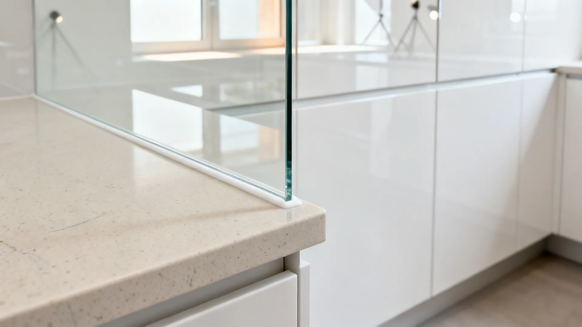 Close-up of low-iron glass backsplash edge aligned with a quartz countertop.