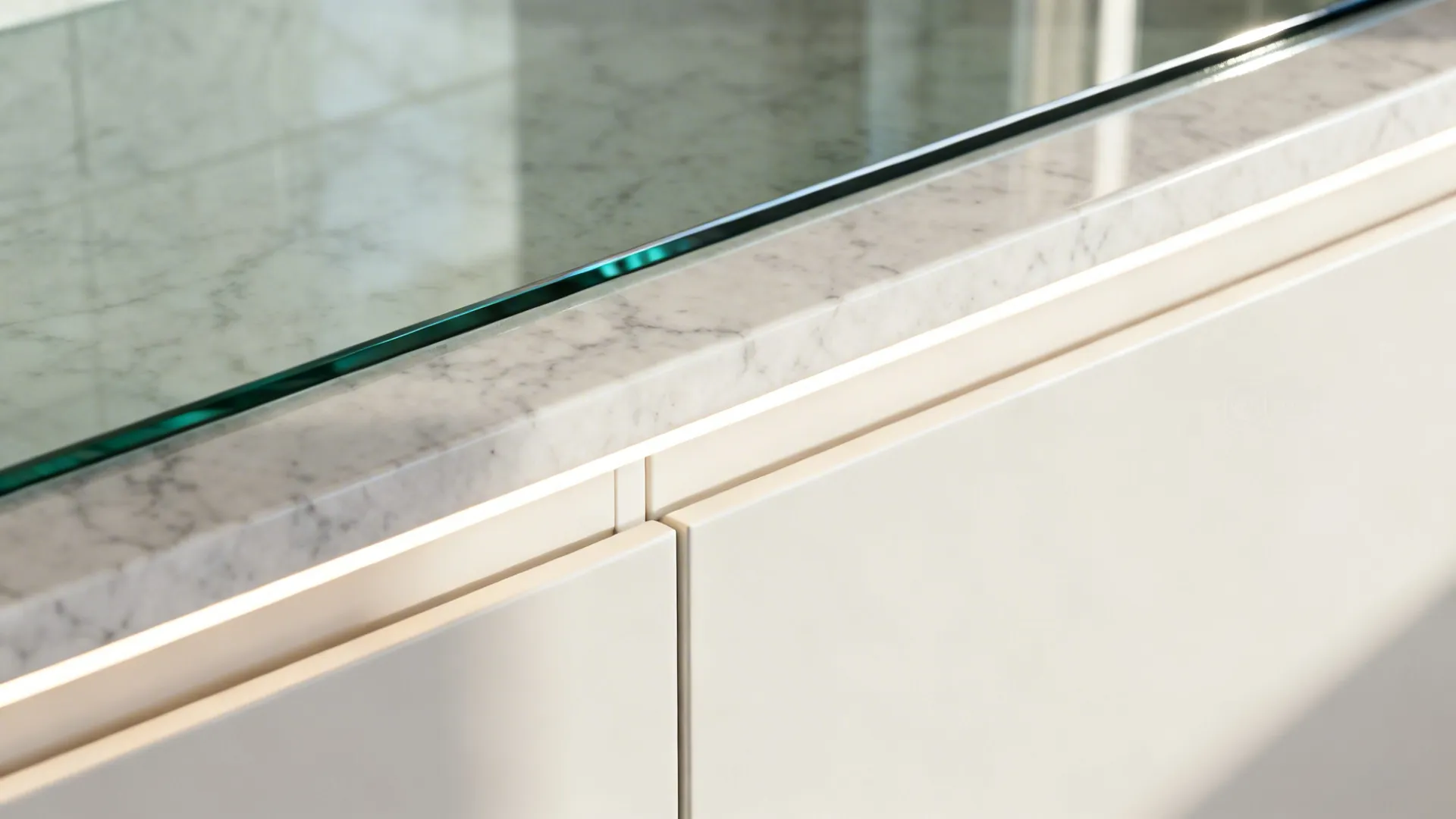 Close up of marble countertop with glass surface and built in light fixture on white cabinet