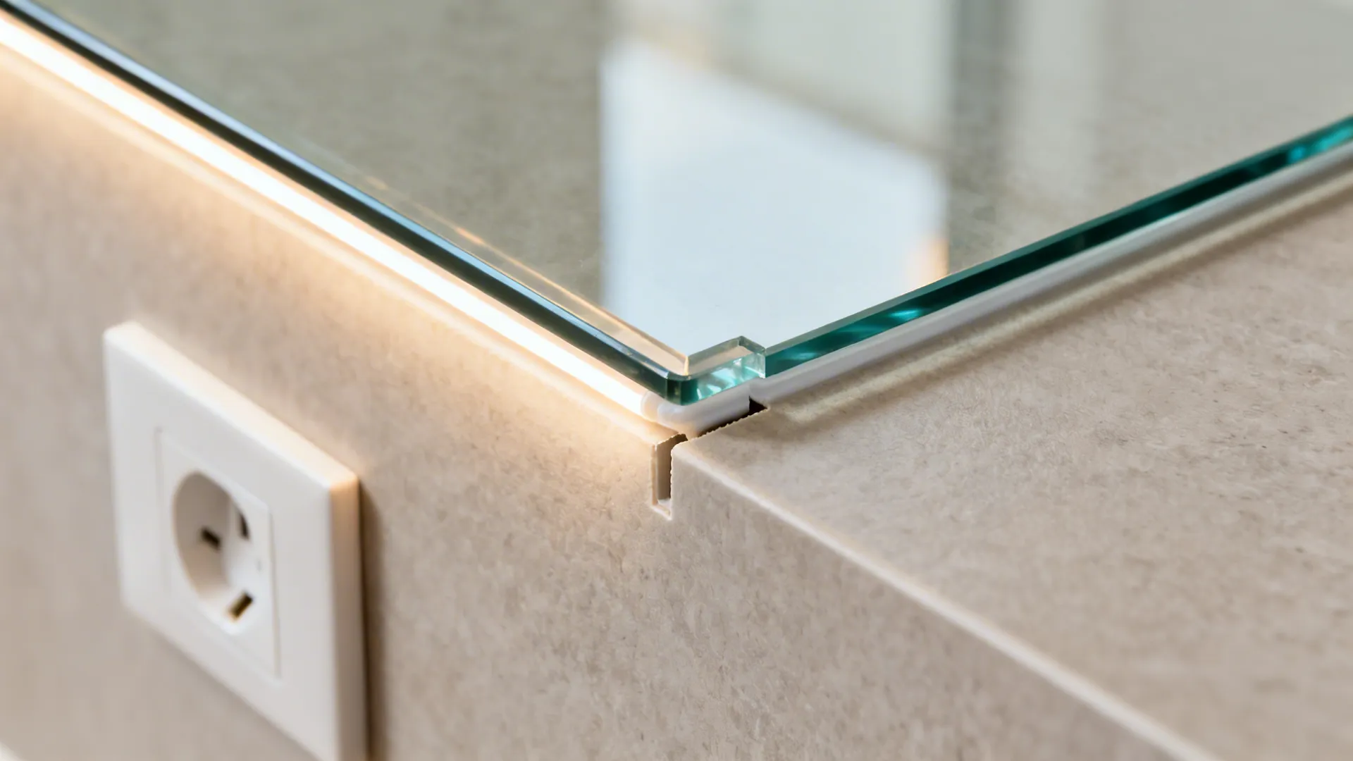 Macro of a tempered glass backsplash edge with clean silicone gap and socket cutout.