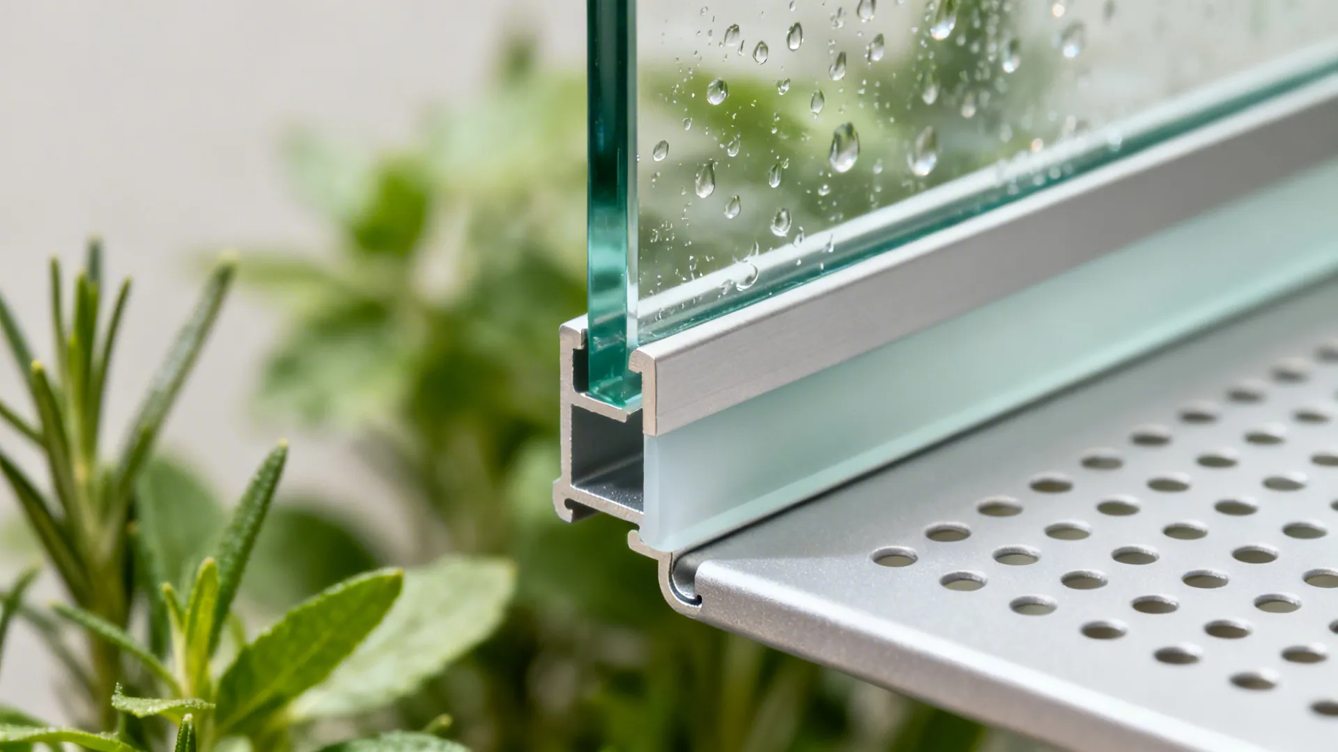 Macro of sealed glass edge channel and perforated herb shelf with frosted band.