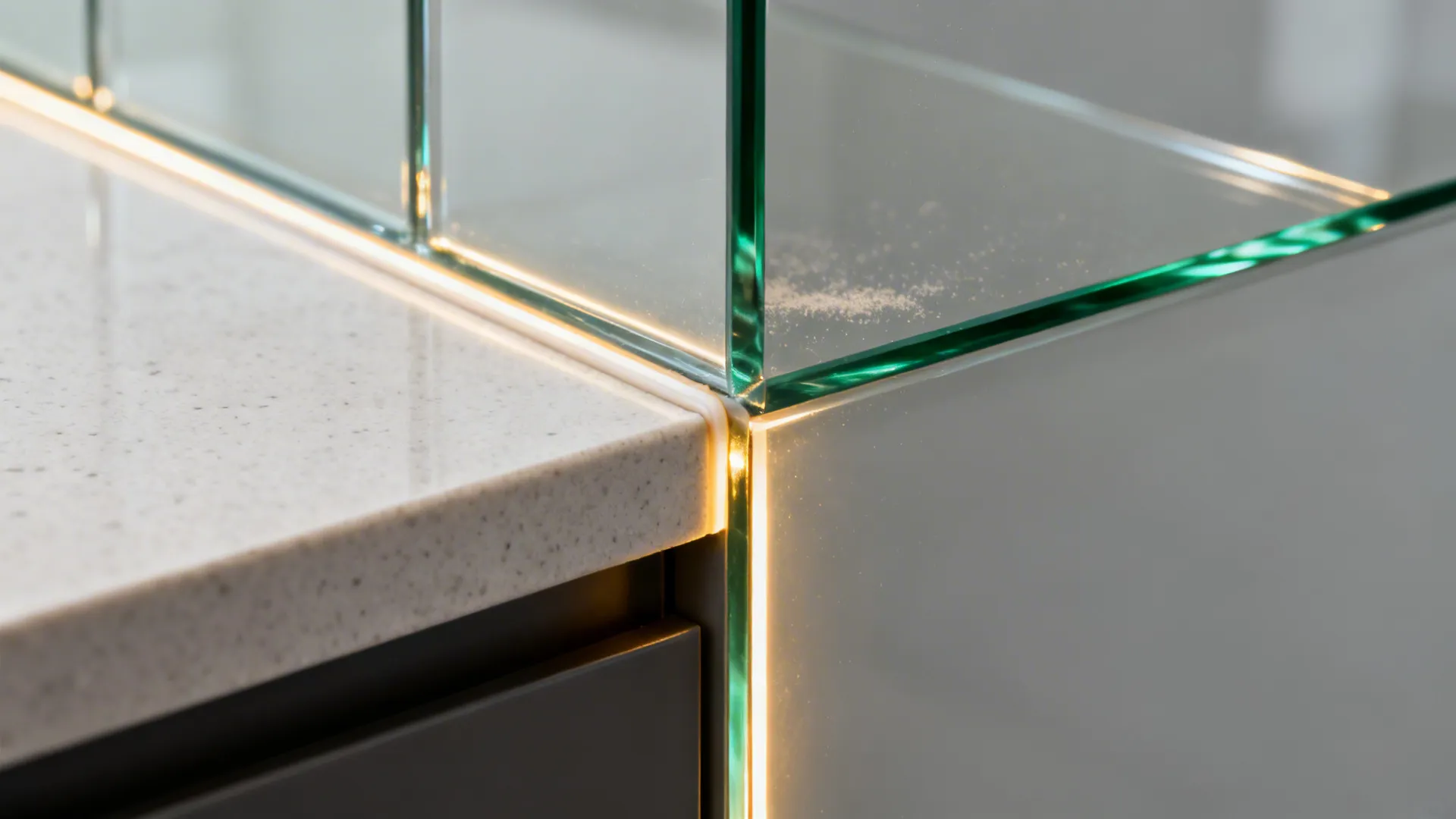 Macro view of a polished low-iron glass backsplash edge above a quartz countertop.