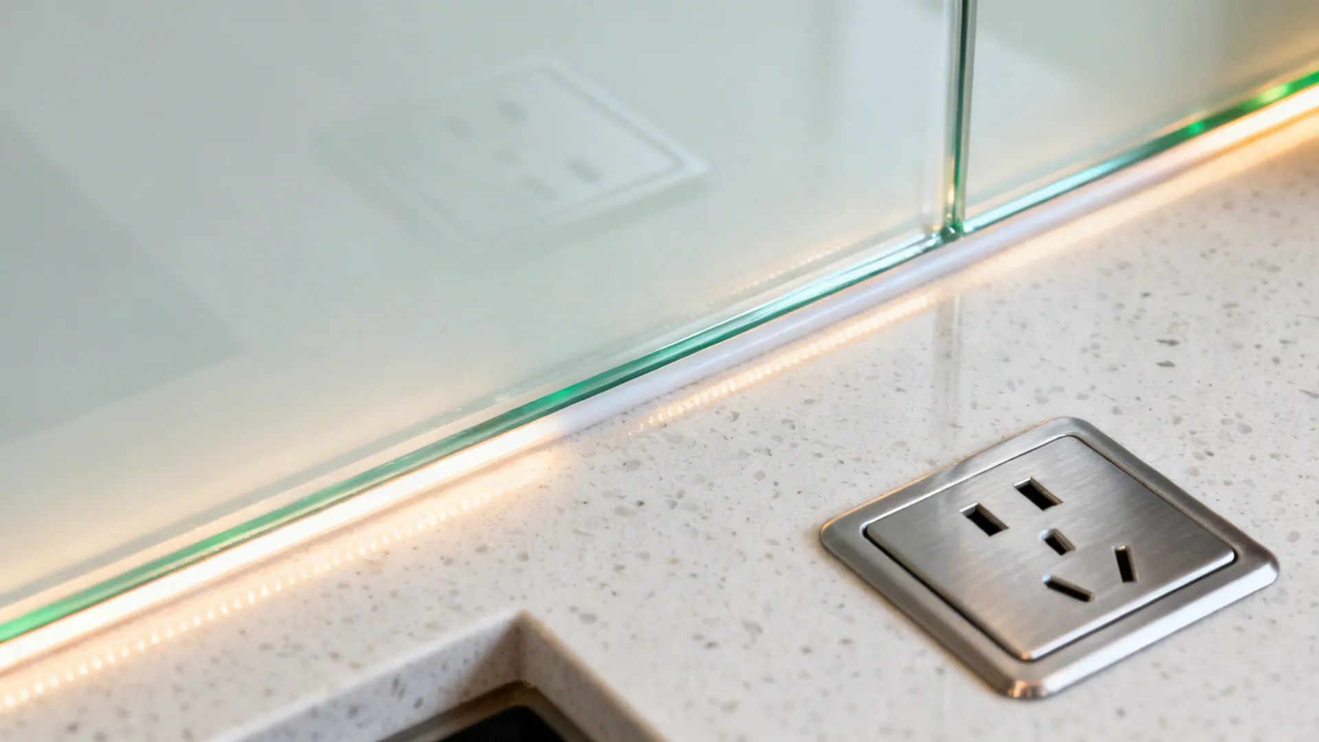 Close-up of low-iron glass backsplash edge over white quartz with warm LED glow.