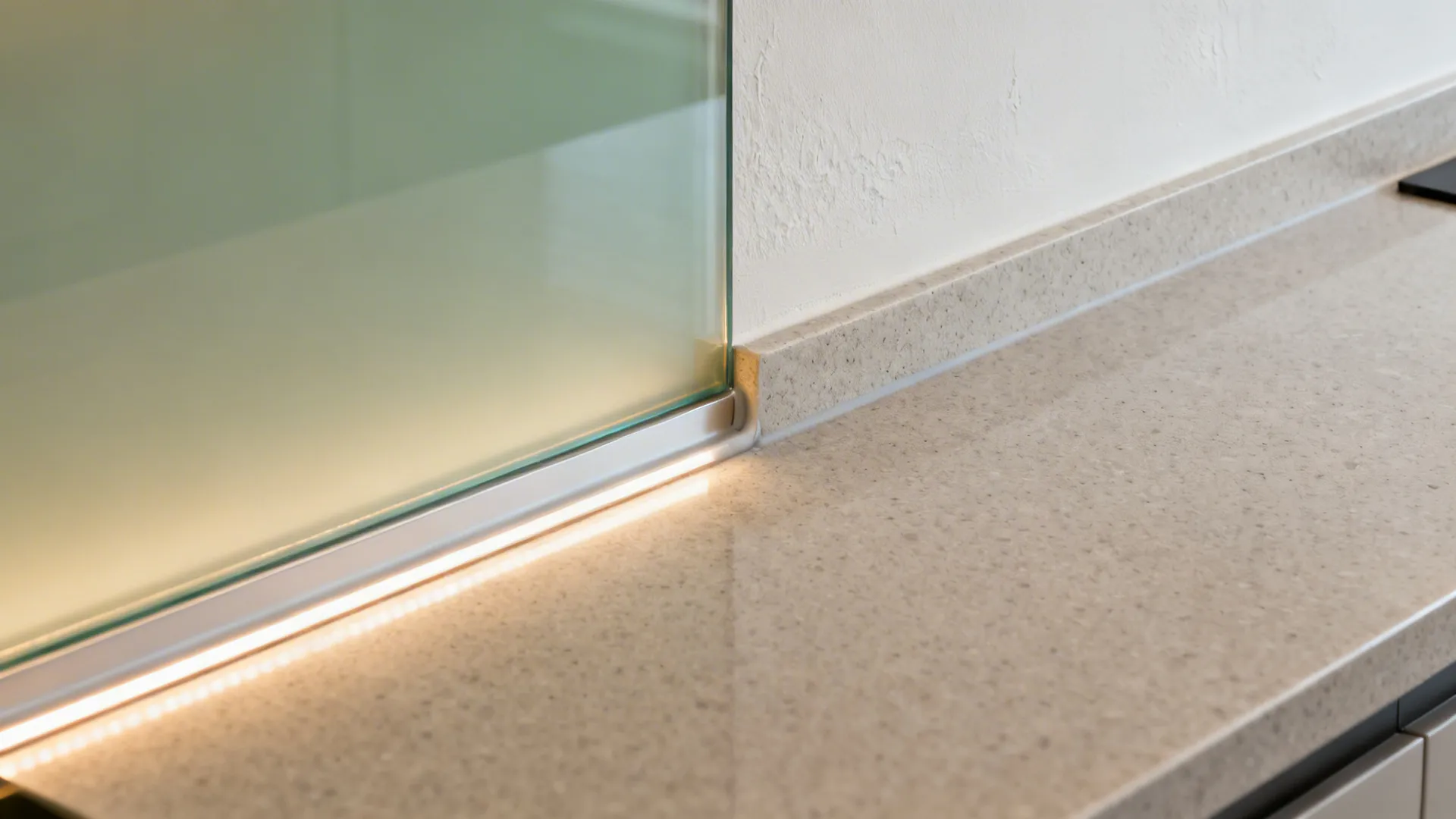 Macro of tempered-glass backsplash meeting quartz countertop with clean detailing.