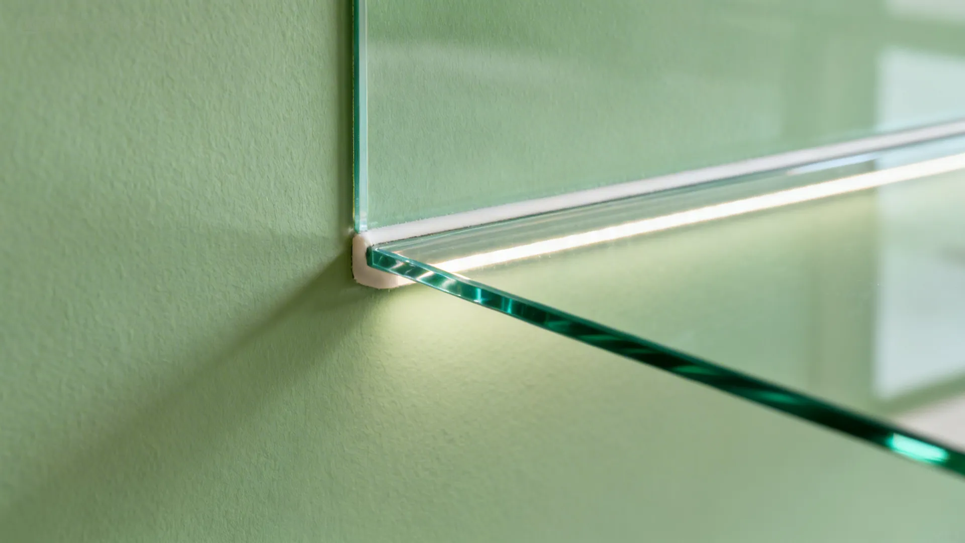 Close up view of glass shelf with light strip against a light green painted wall