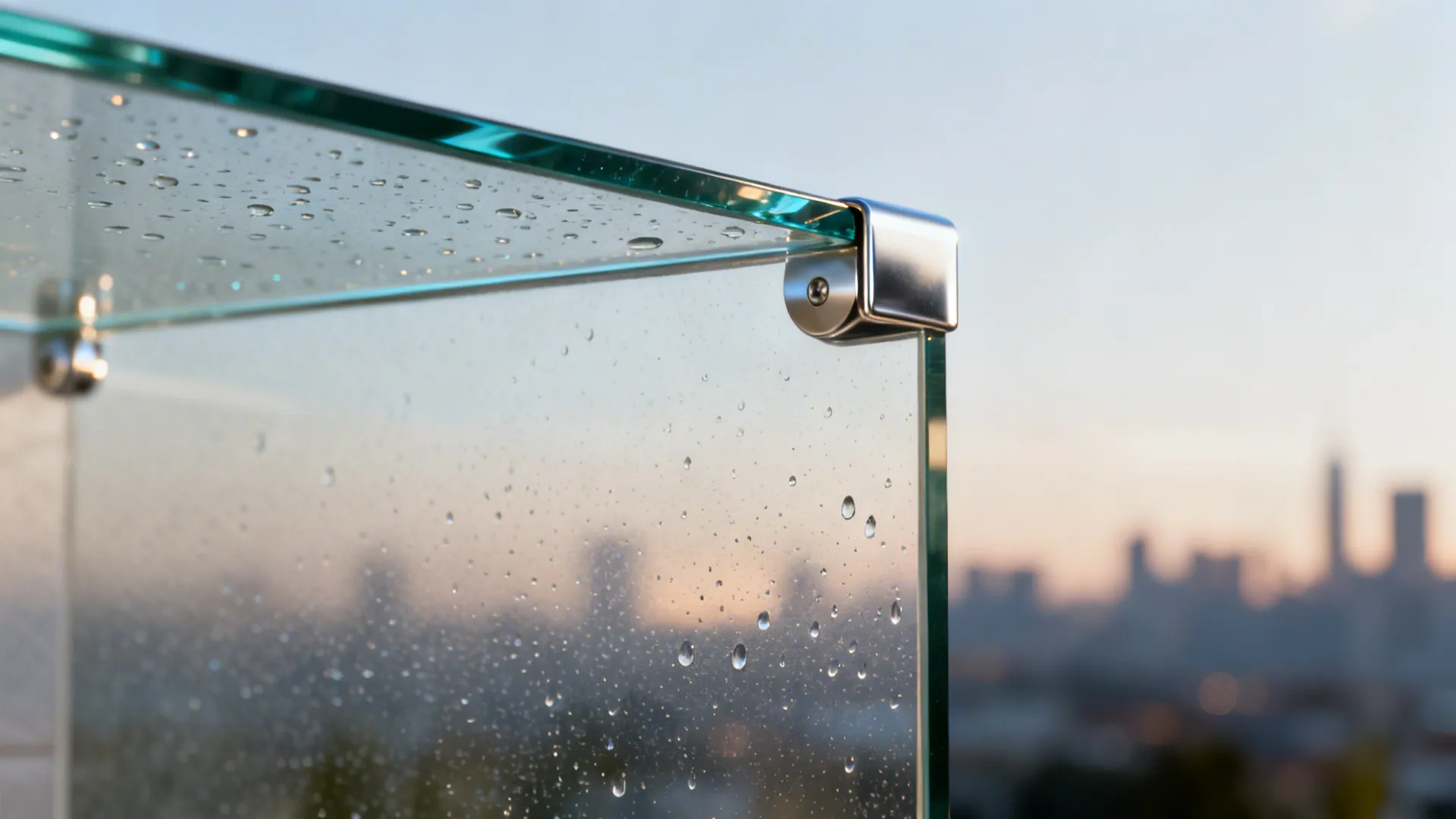 Macro of low-iron tempered glass with etched finish and stainless standoffs in daylight.