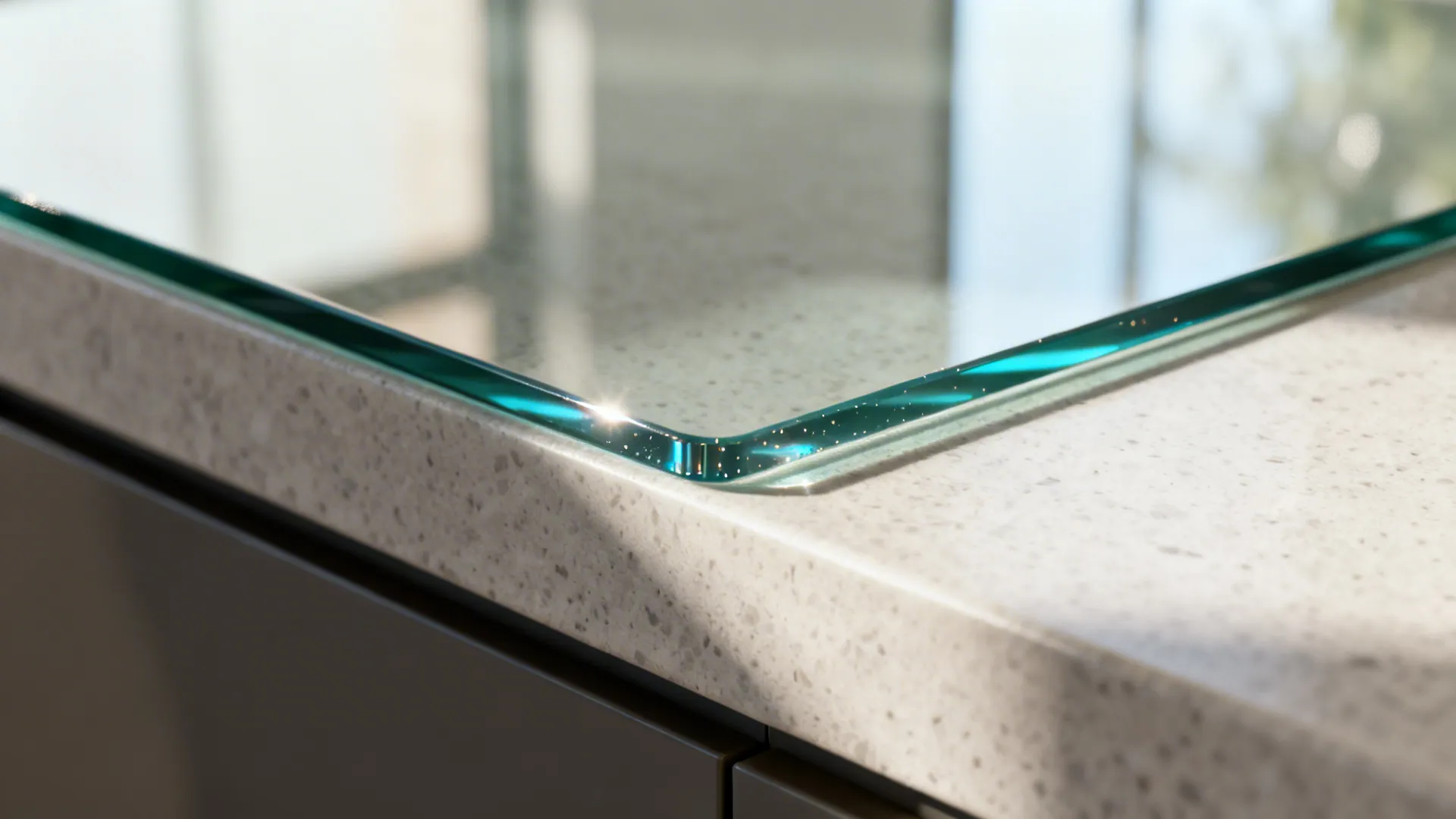 Macro of tempered low-iron glass backsplash edge with polished finish and true color.