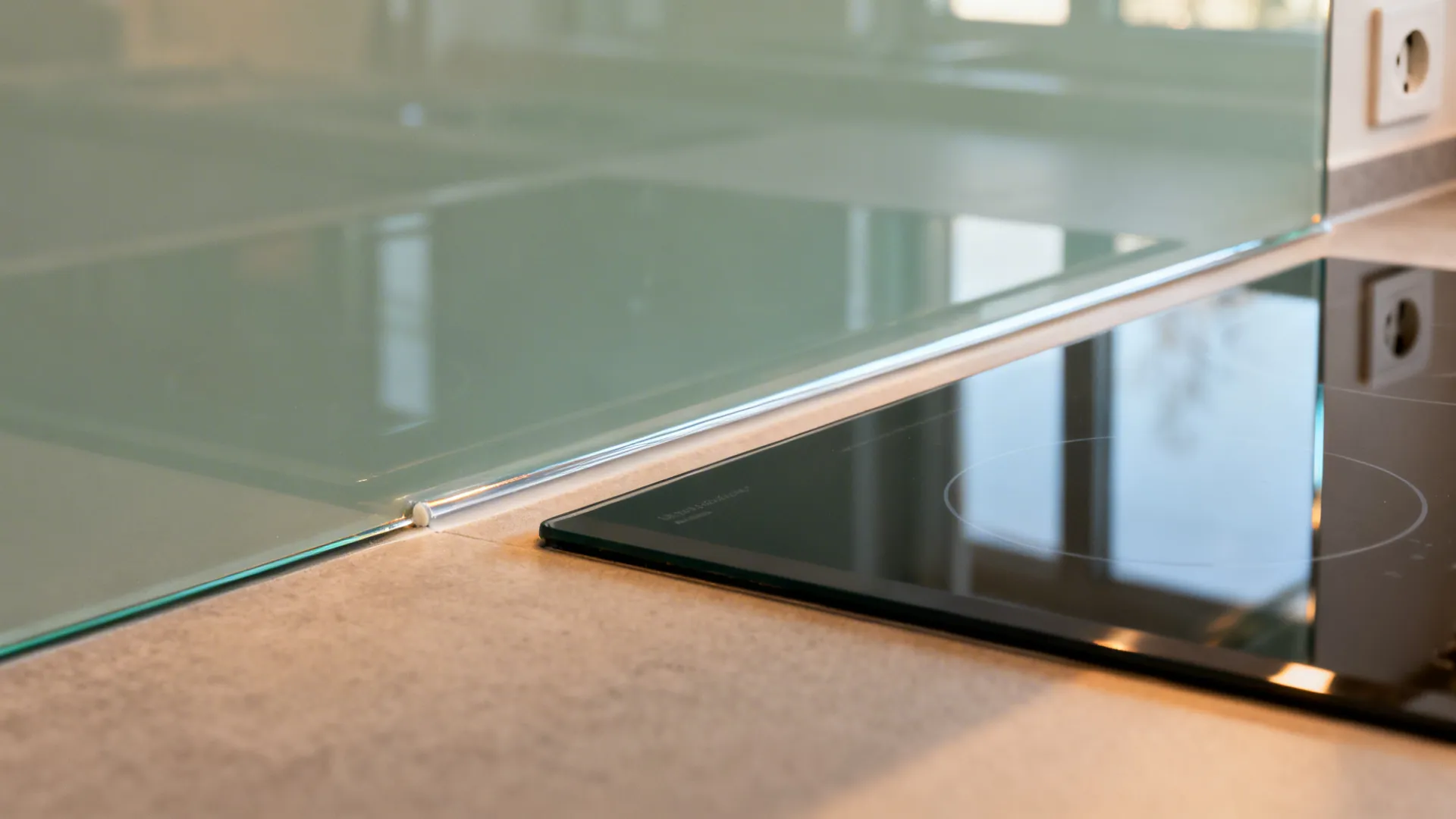 Close up of a glass wall panel edge next to a black electric stove top burner