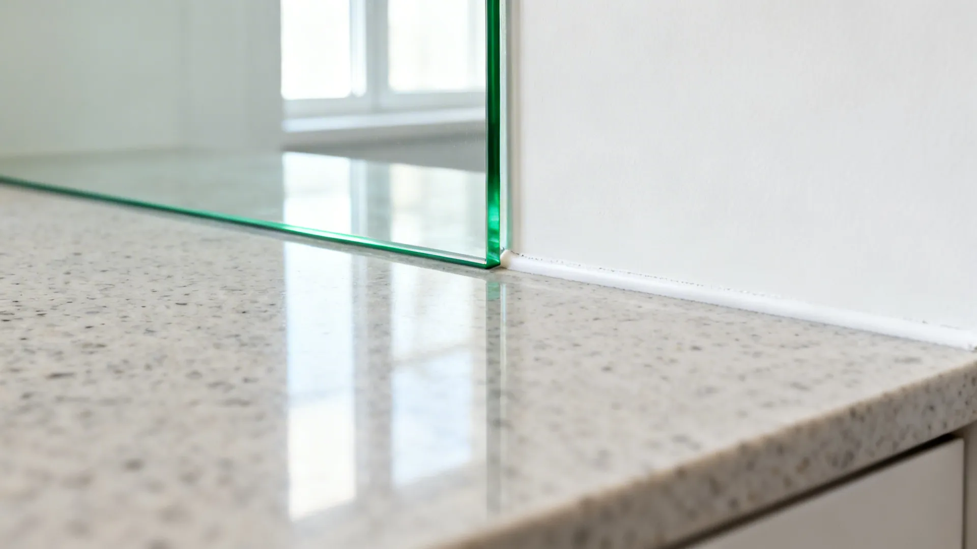 Close up view of green glass edge on a light stone countertop near white wall