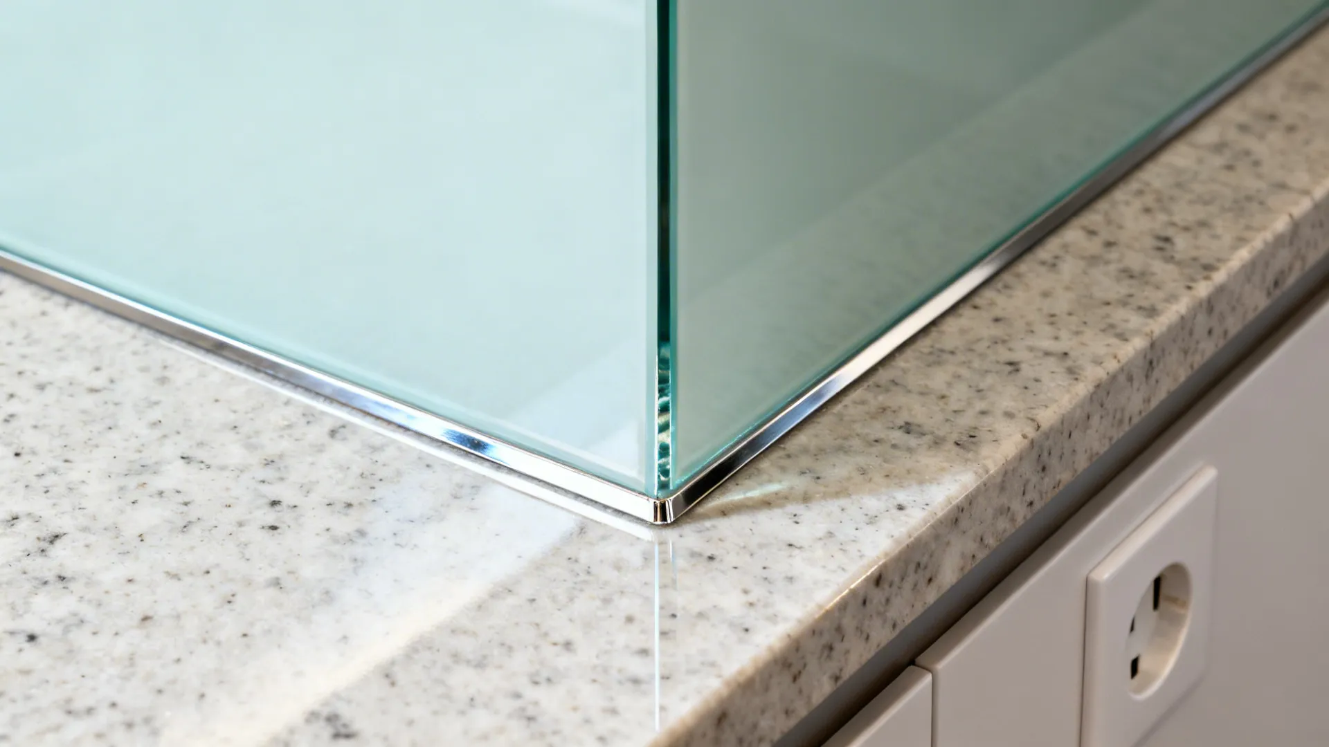 Close up view of a glass partition corner installed on a white stone kitchen counter top