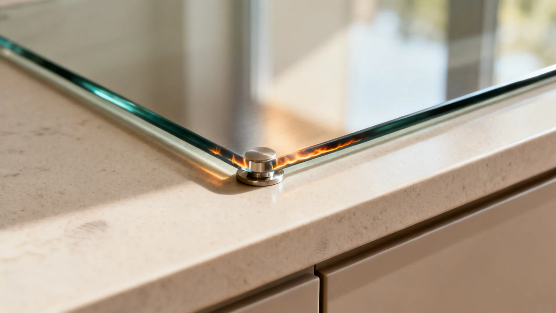 Close-up of a satin glass panel edge with a metal standoff above a matte cabinet.