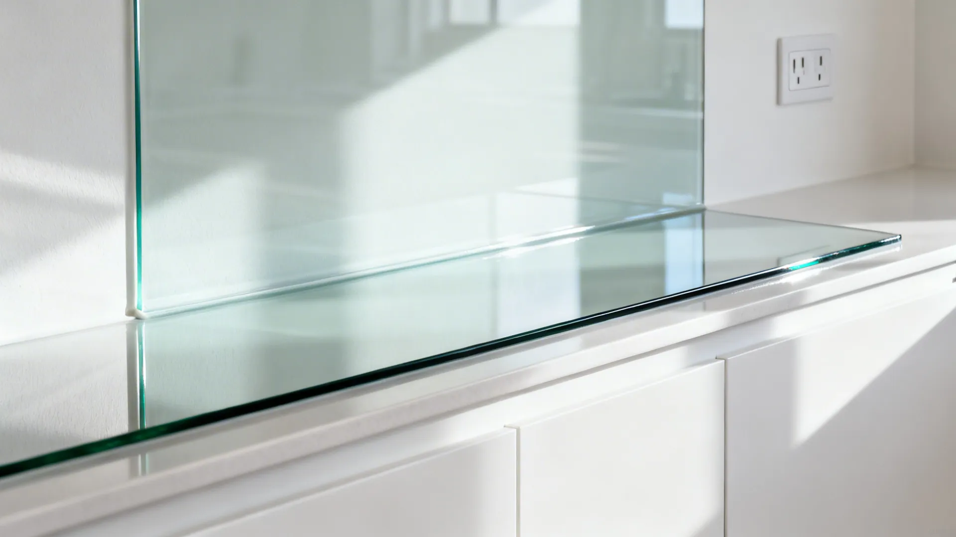 Close-up of low-iron glass splashback with polished edge and clean finish.