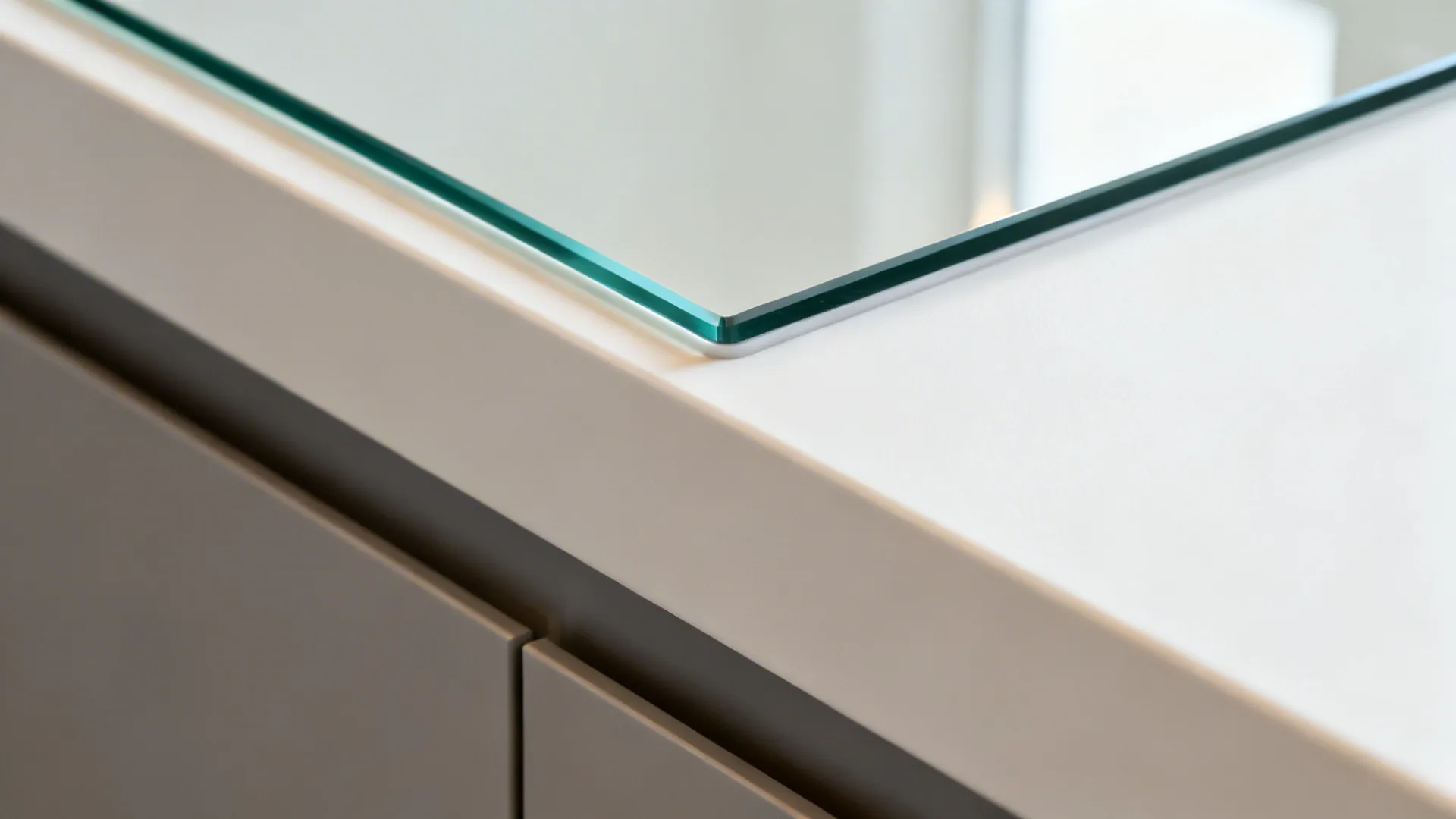 Macro of low-iron glass backsplash edge meeting a matte white countertop.