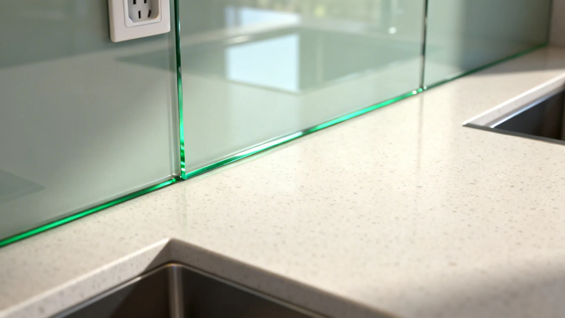 Close-up of a low-iron glass backsplash edge aligned with a pale quartz countertop.