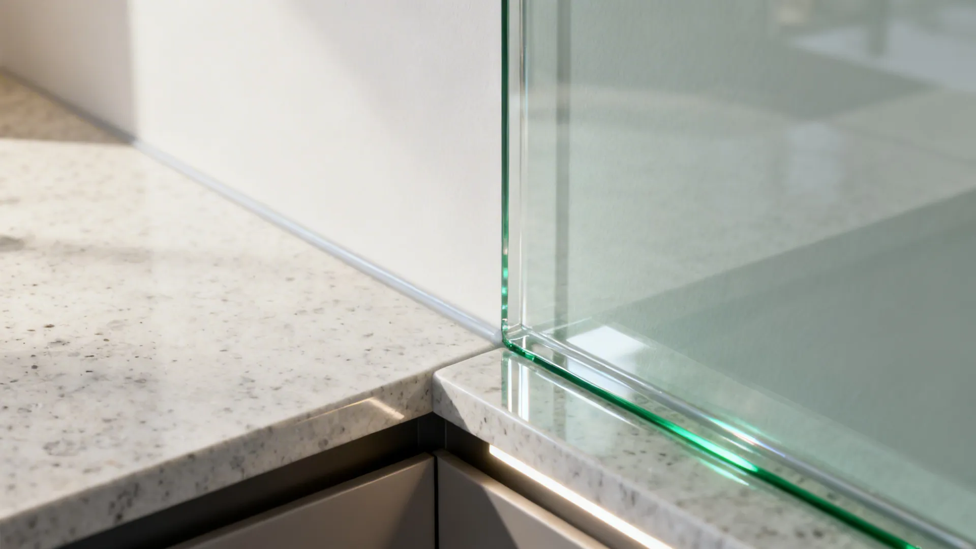 Close-up of low-iron glass backsplash edge with clean silicone joint above a quartz countertop.