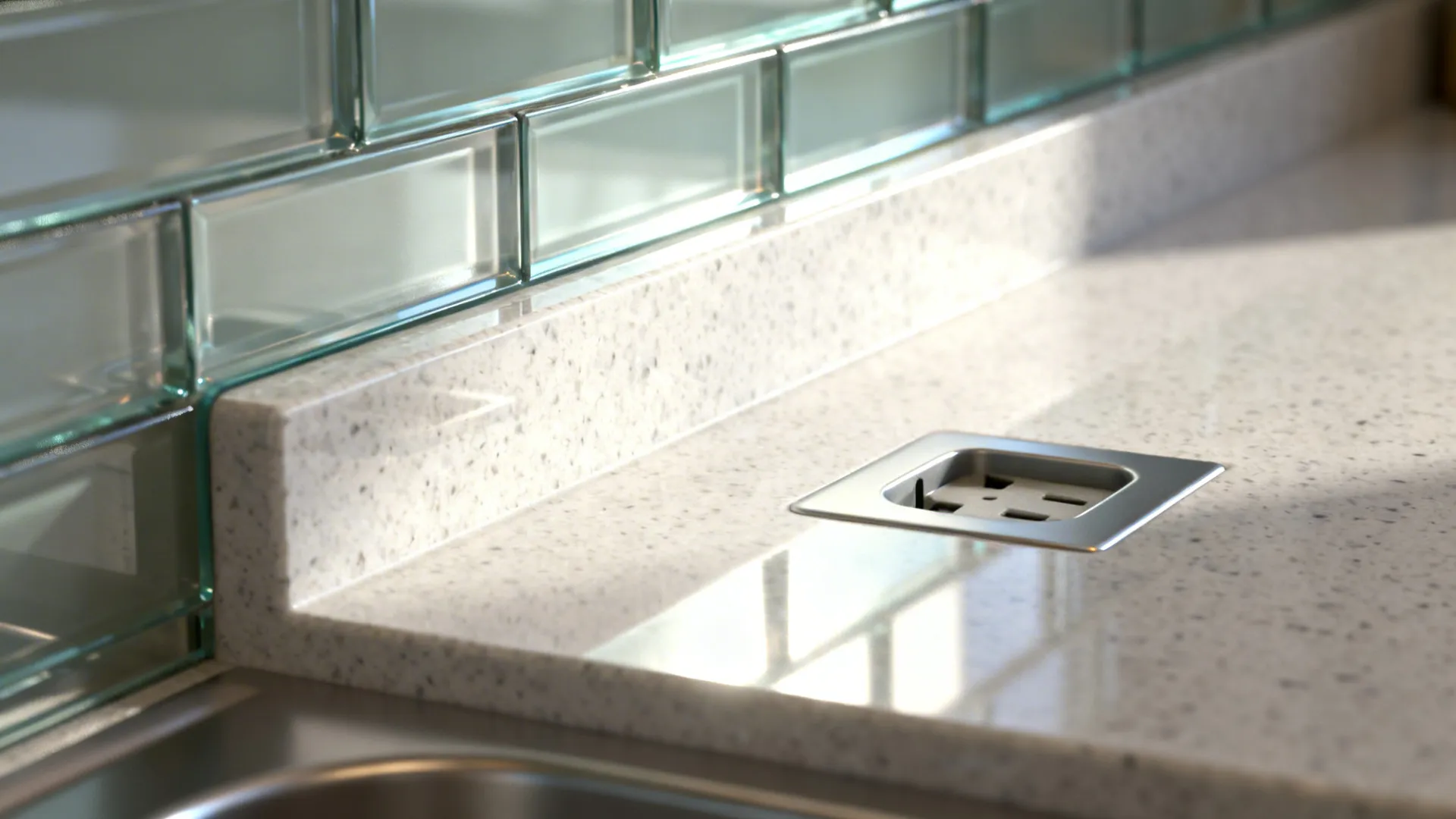 Macro of polished tempered glass backsplash edge aligning with a quartz countertop and outlet cutout.