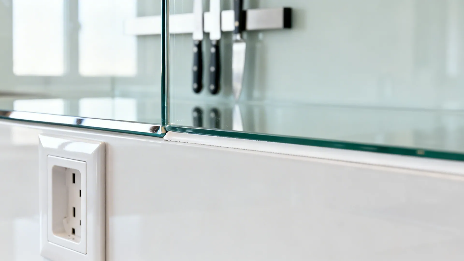 Close-up of a polished tempered glass backsplash edge and precise outlet cutout.