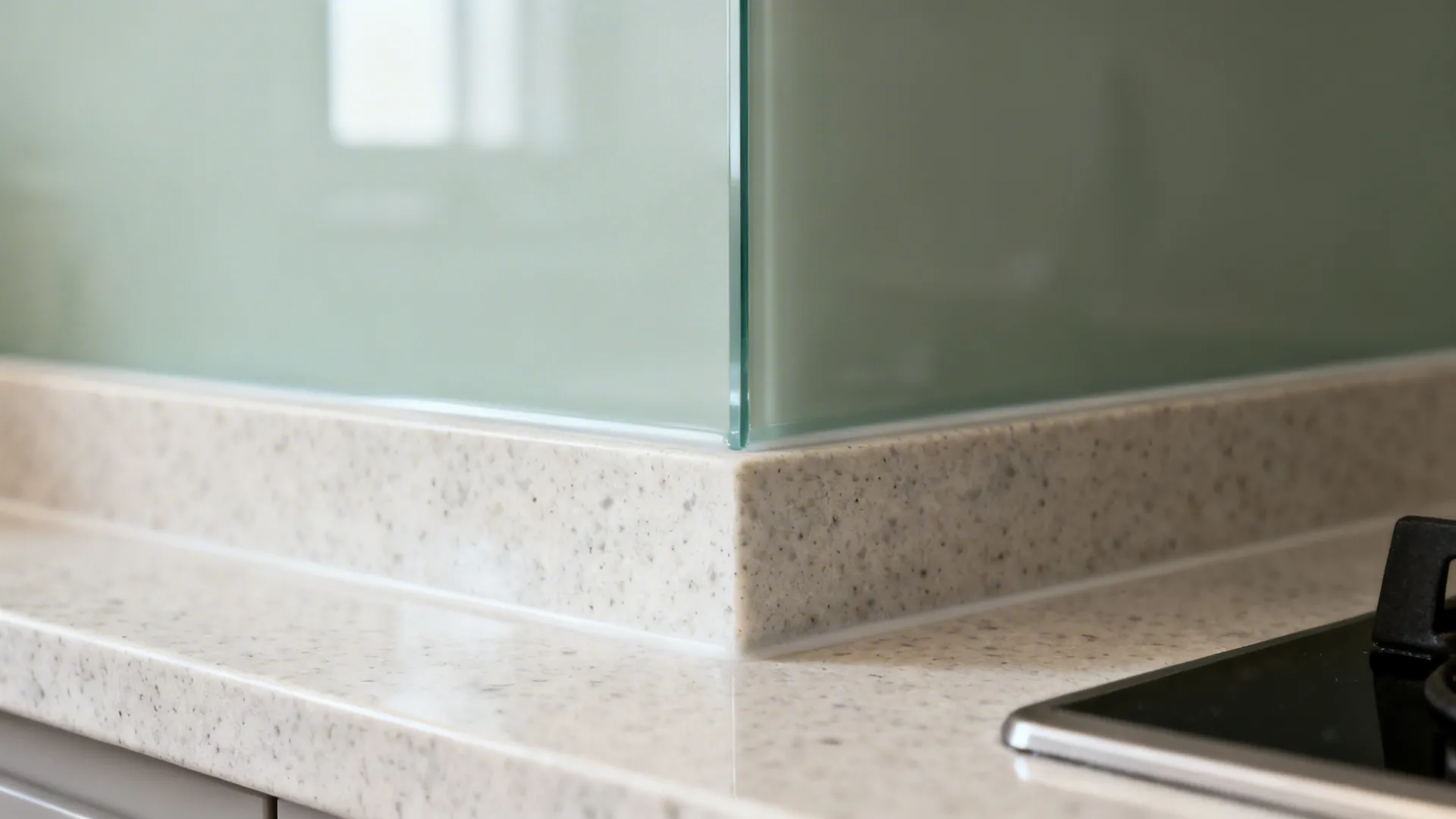 Macro detail of matte color-backed tempered glass meeting a light quartz countertop.