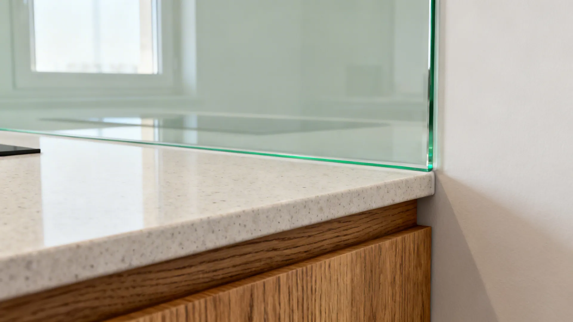 Glass backsplash for airy light and easy cleaning