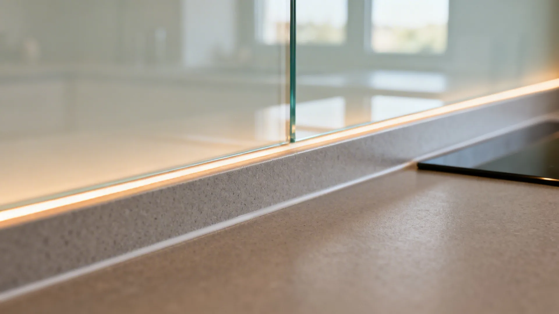 Macro of a tempered glass backsplash edge with a neat silicone joint over a matte counter.