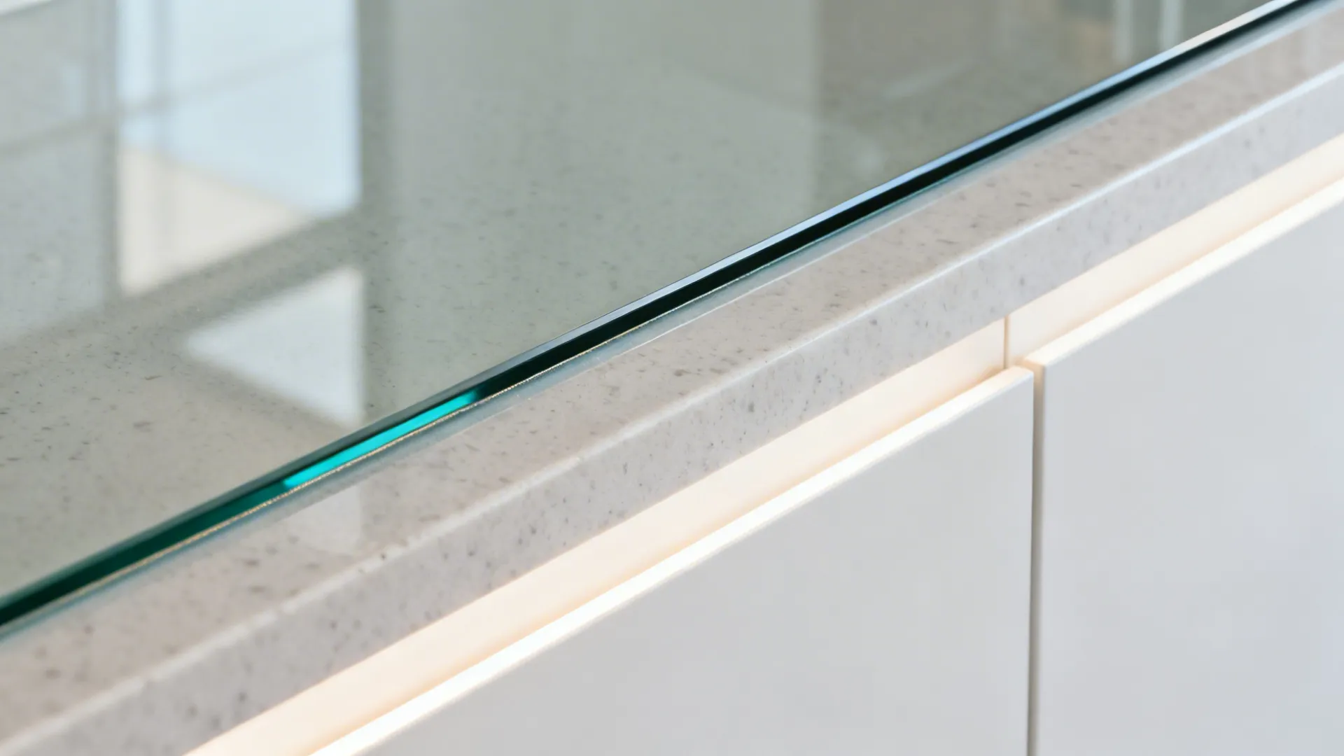 Macro of a tempered glass backsplash edge with clean bevel beside a white cabinet and LED glow.