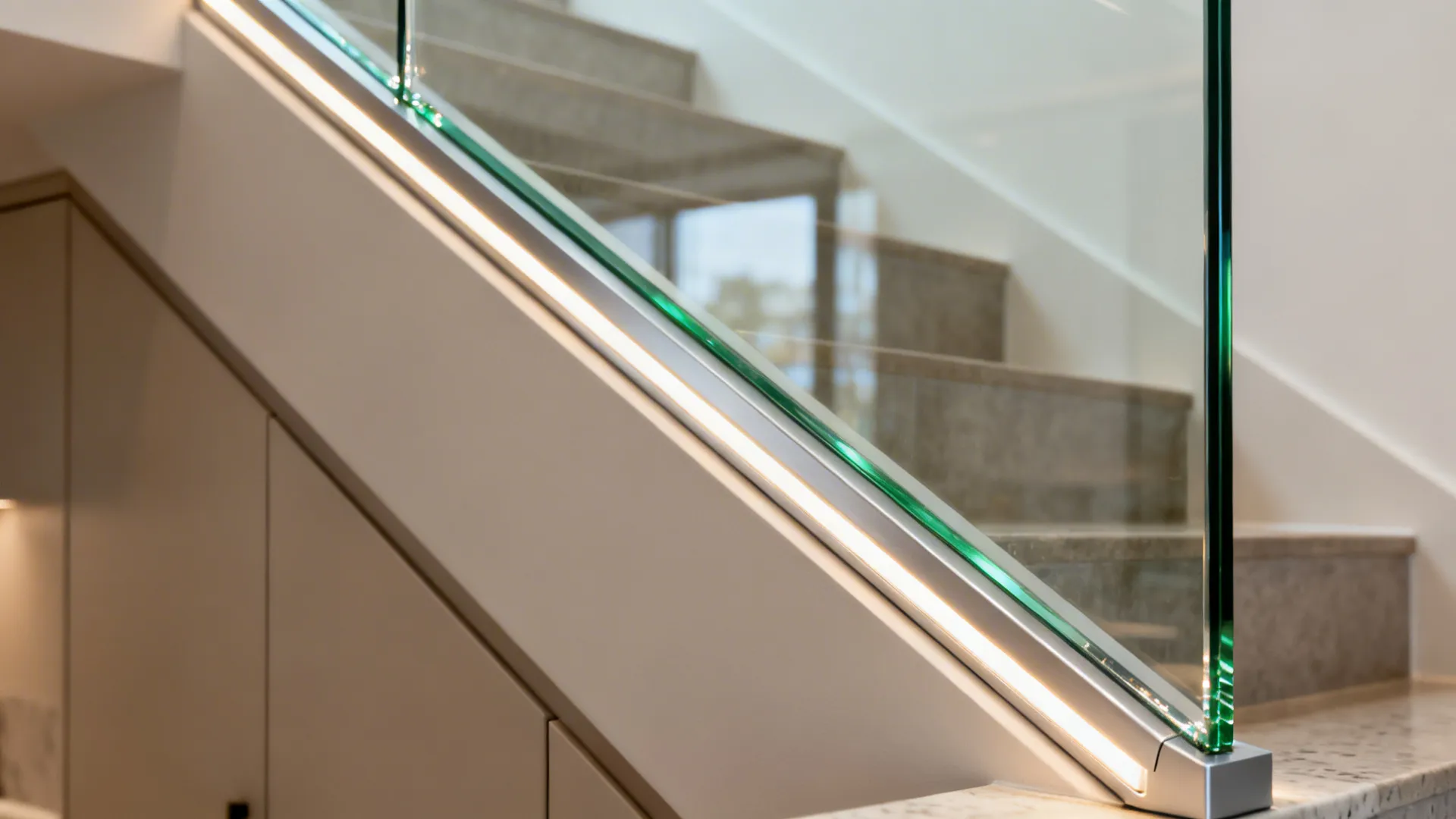 Glass backsplash to unlock light under the stringer
