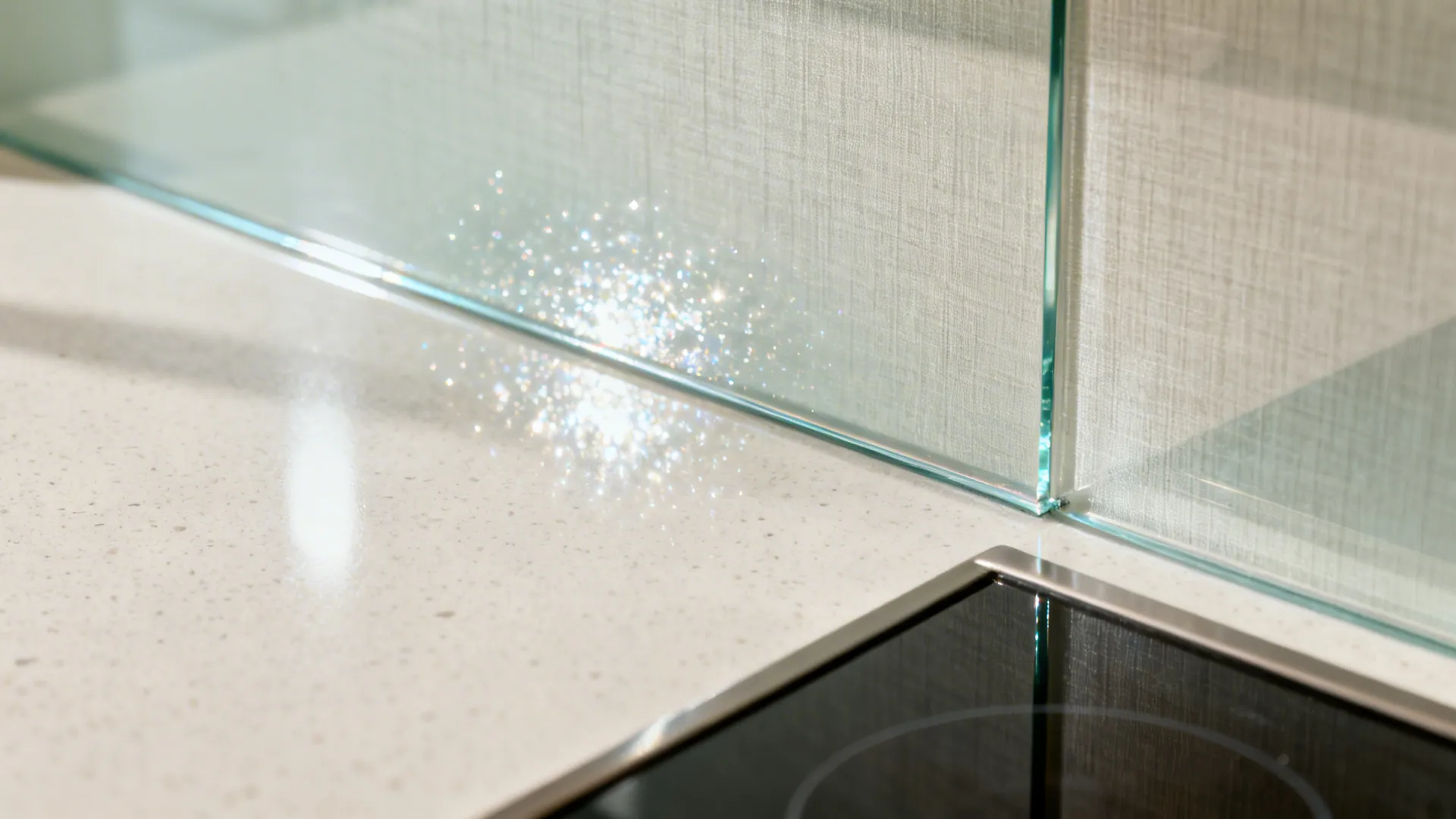 Close-up of low-iron glass backsplash meeting pale quartz for a seamless, reflective surface.