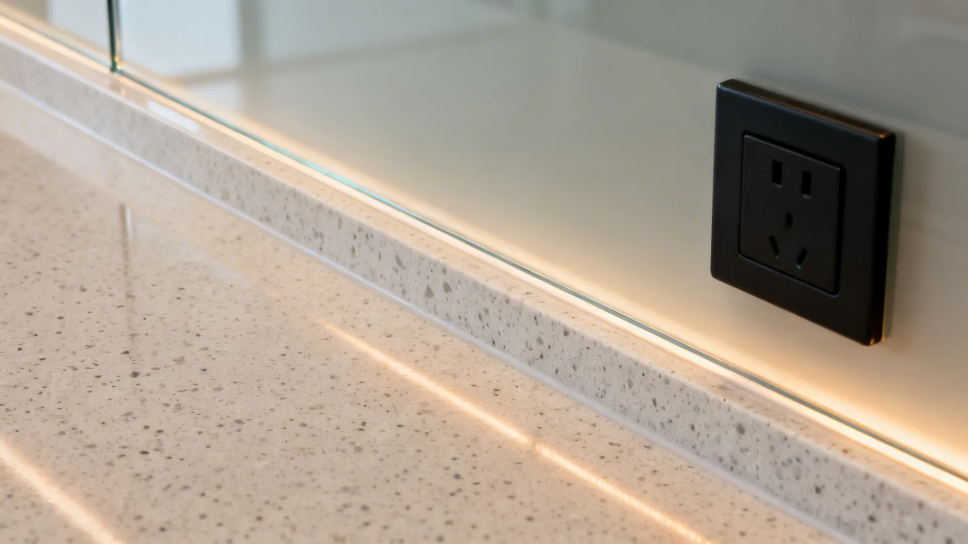 Macro of satin low-iron glass backsplash meeting quartz counter with a clean joint and warm LED glow.