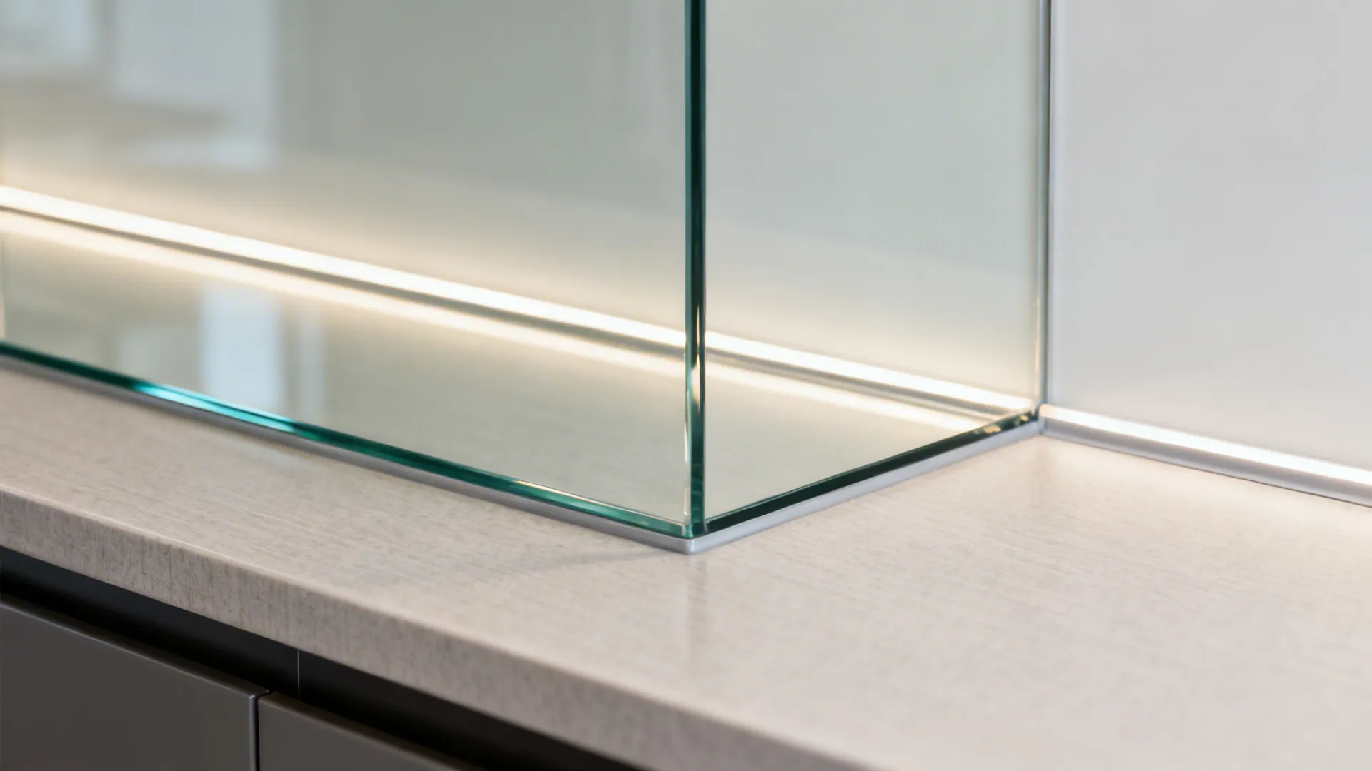 Close up view of glass wall panel edge on a stone countertop with hidden light strip