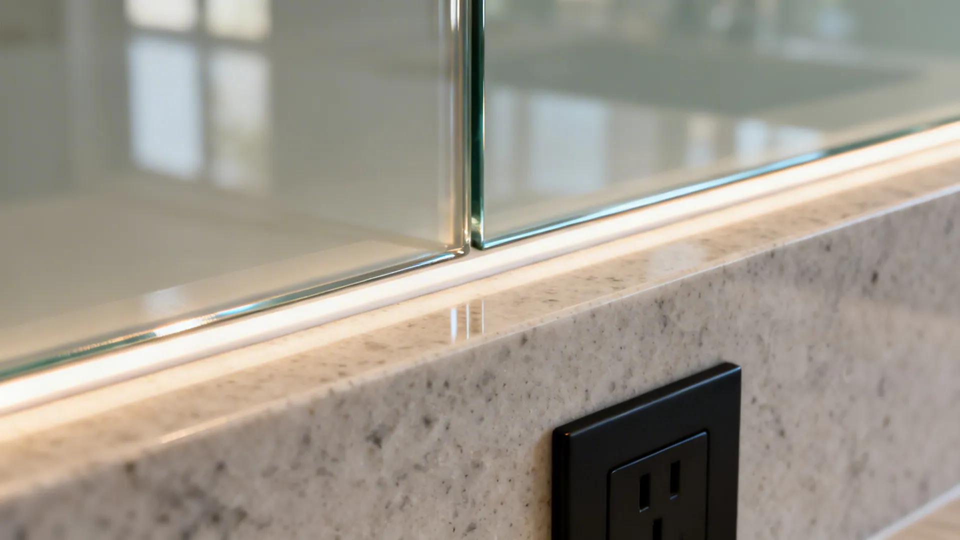 Macro of a polished low-iron glass backsplash edge meeting quartz countertop with LED glow.