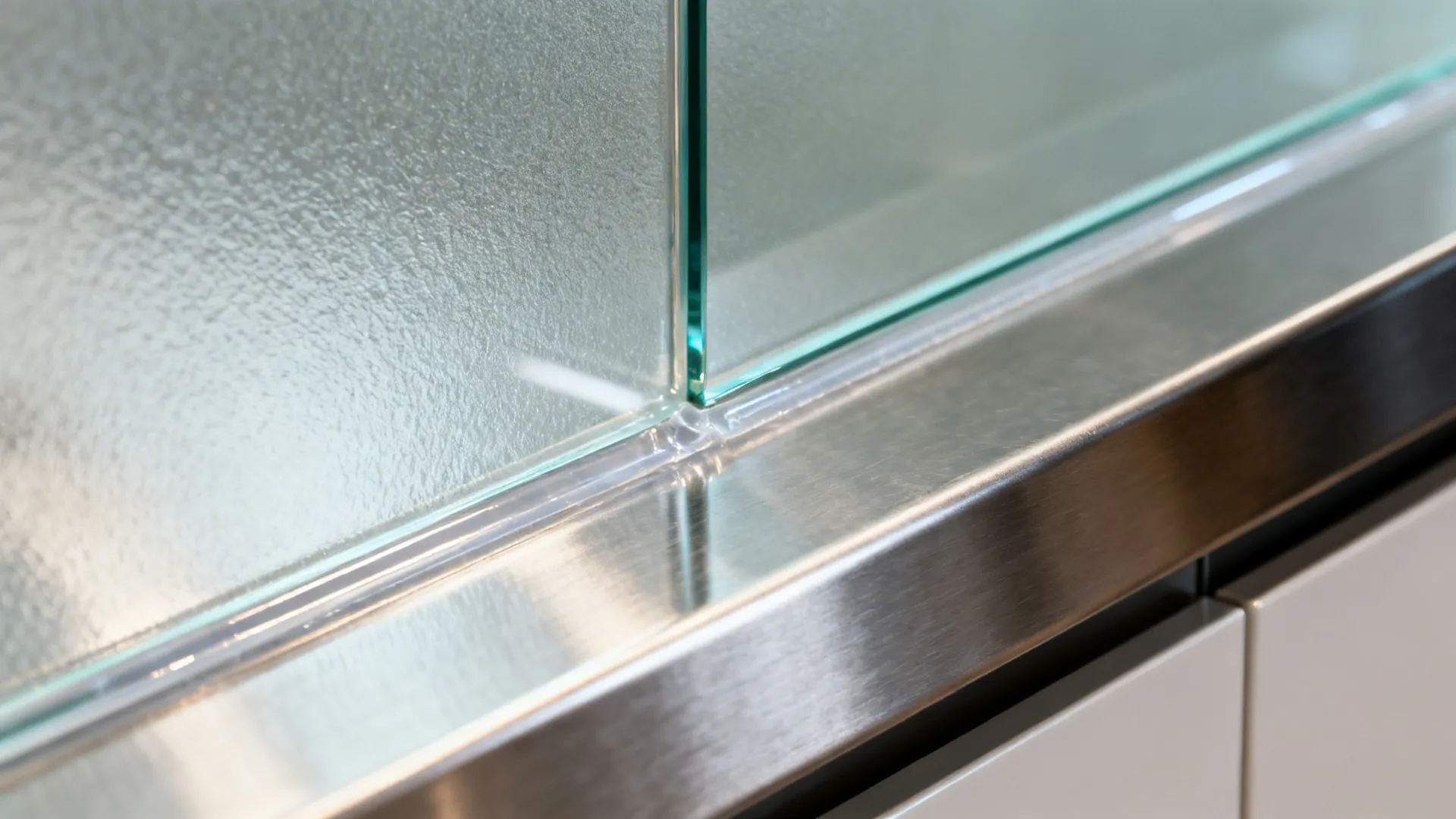Close up of a glass panel joined to a stainless steel counter with clear waterproof sealant