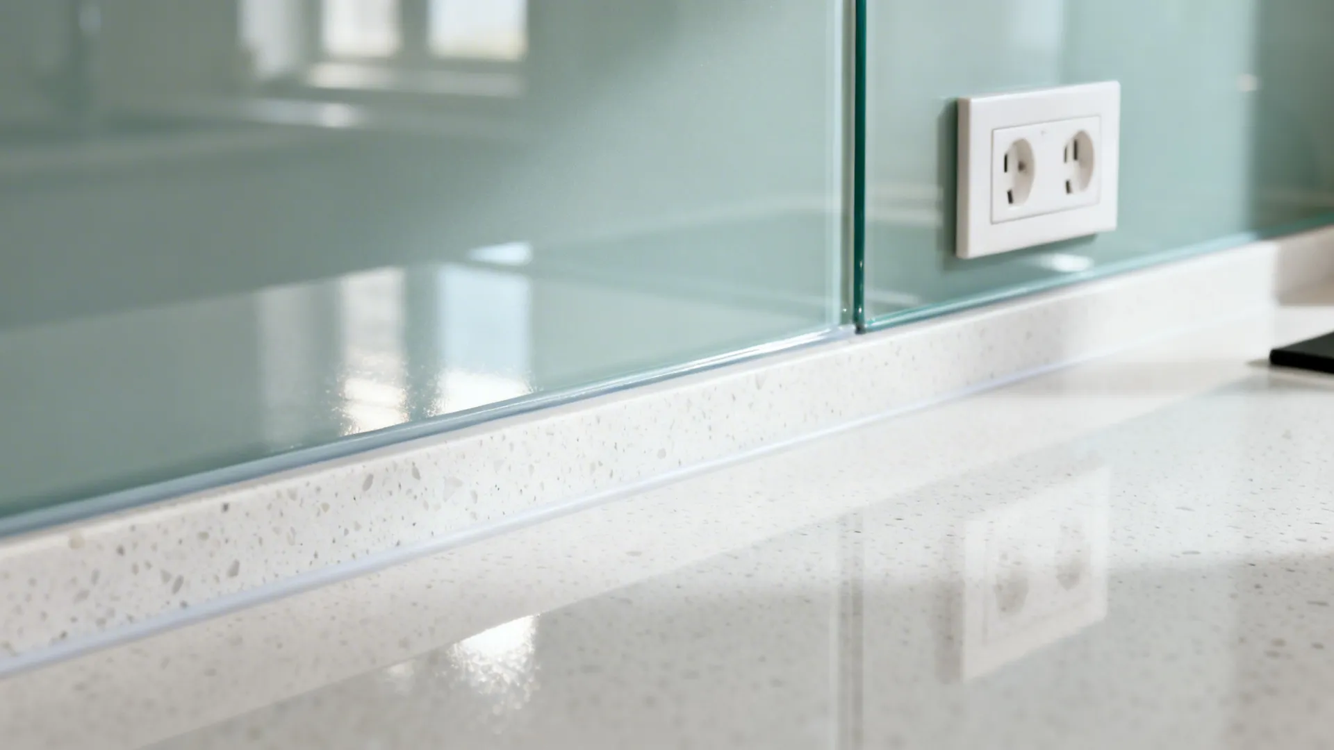 Close-up of back-painted glass backsplash edge aligned with white quartz countertop and low-profile outlet.