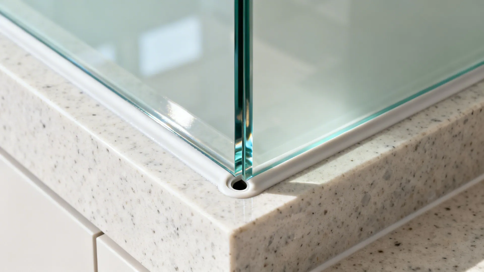 Macro of back-painted glass backsplash edge and socket cutout.