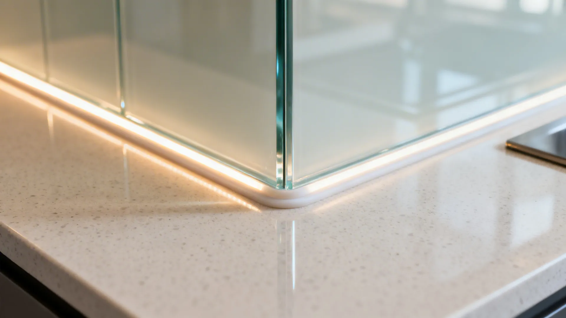 Close-up of low-iron glass backsplash edge and quartz counter with warm LED reflection.